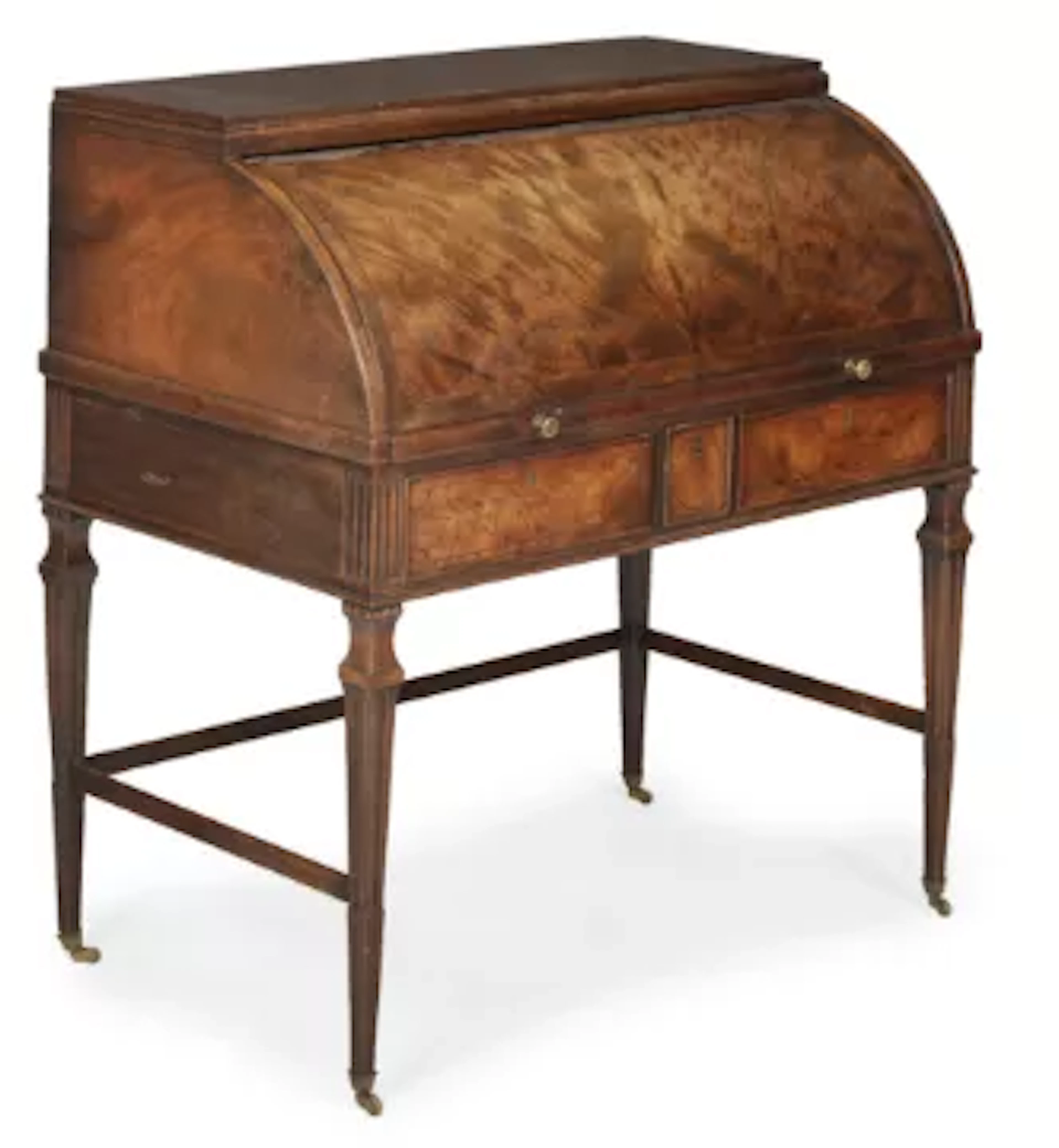 Y A GEORGE III MAHOGANY, SATINWOOD AND EBONY STRUNG CYLINDER DESK, CIRCA 1770