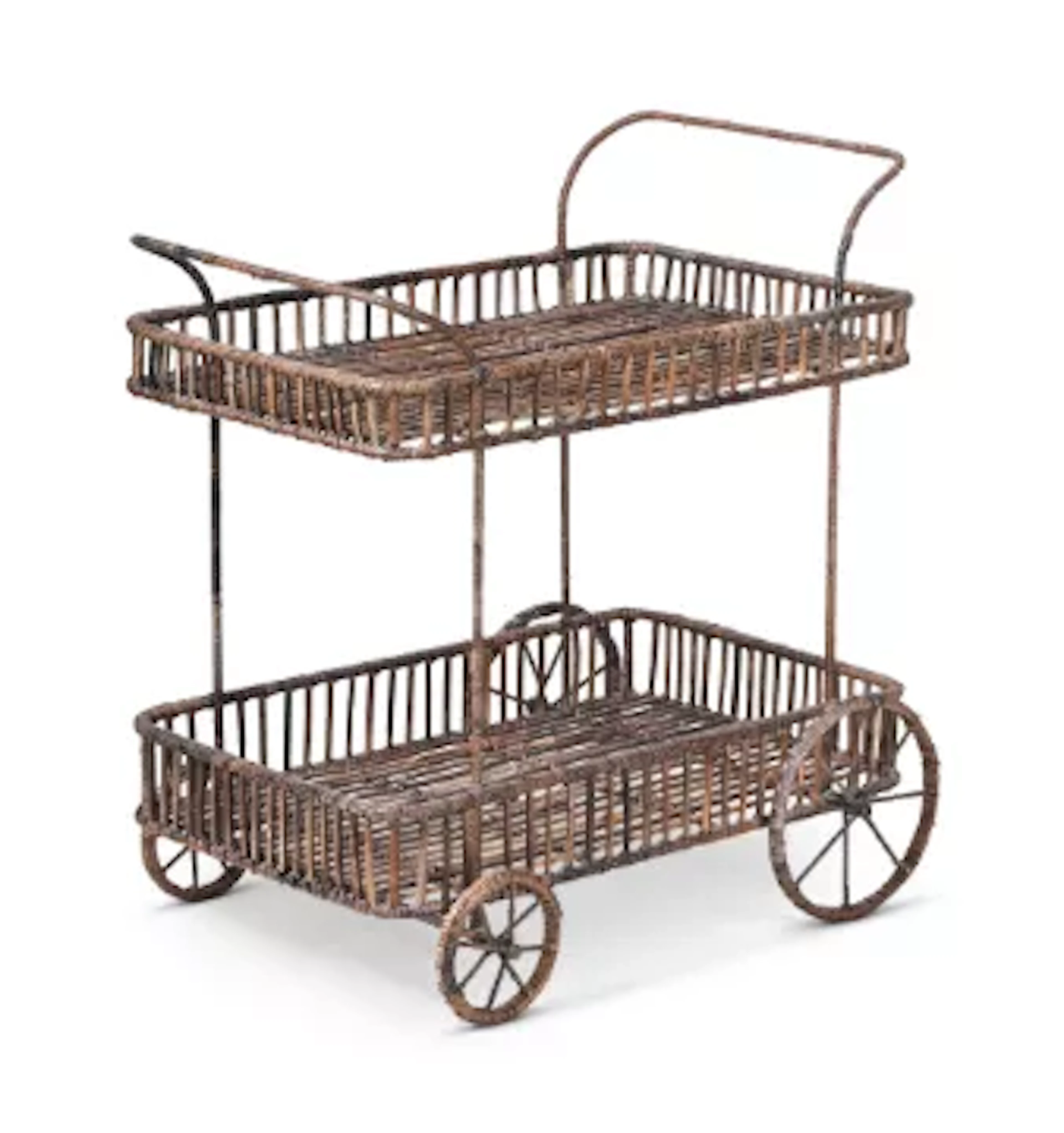 A TWO TIER RUSTIC WICKER COCKTAIL TROLLEY, 20TH CENTURY