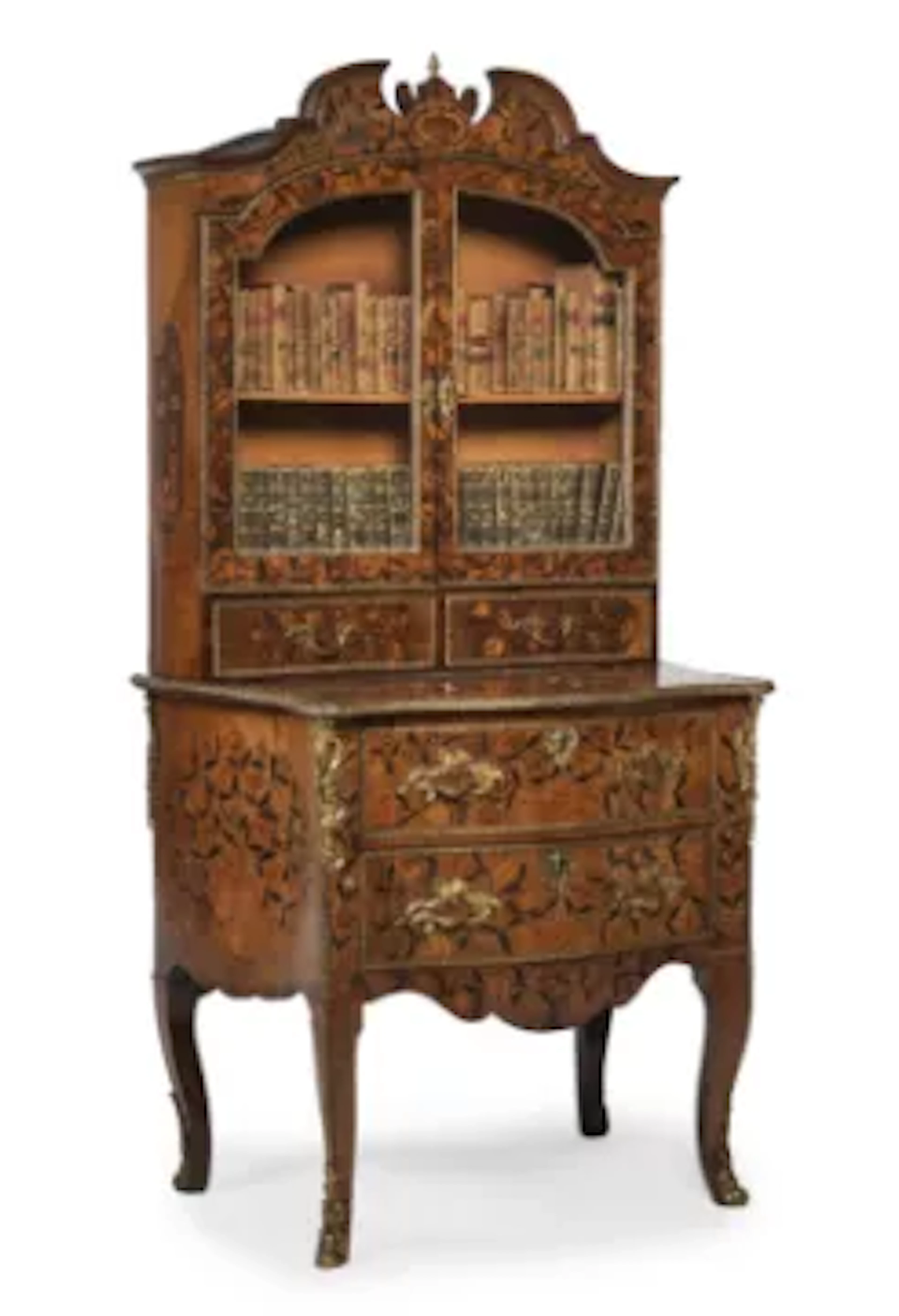 Y A DUTCH WALNUT AND SPECIMEN MARQUETRY DISPLAY CABINET ON CHEST