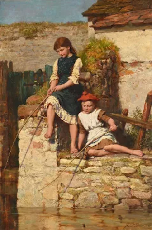 HERBERT JOHNSON (BRITISH 1848-1906), TWO YOUNG GIRLS FISHING