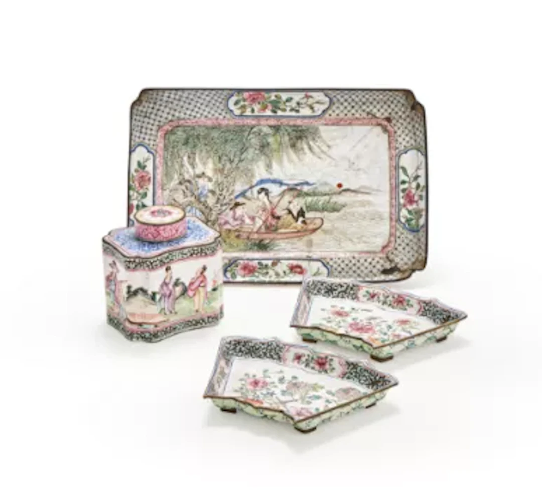 A group of three Chinese canton enamel dishes and a tea caddy, 18th century
