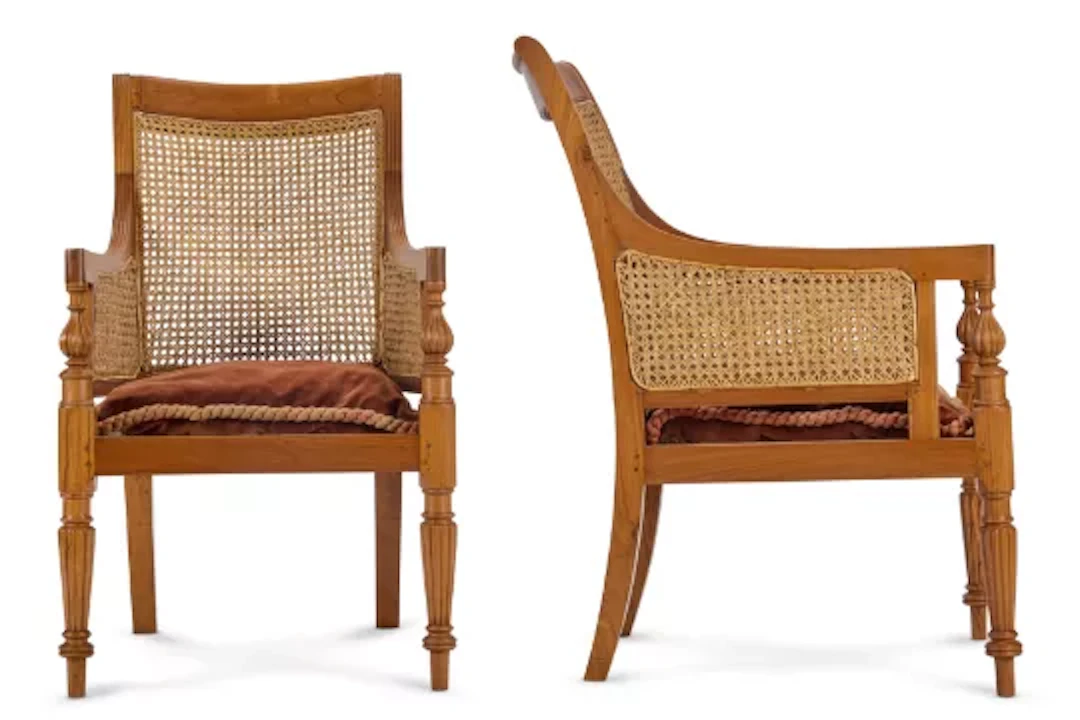 A PAIR OF REGENCY STYLE TEAK AND CANED LIBRARY ARMCHAIRS, INDIAN, MODERN