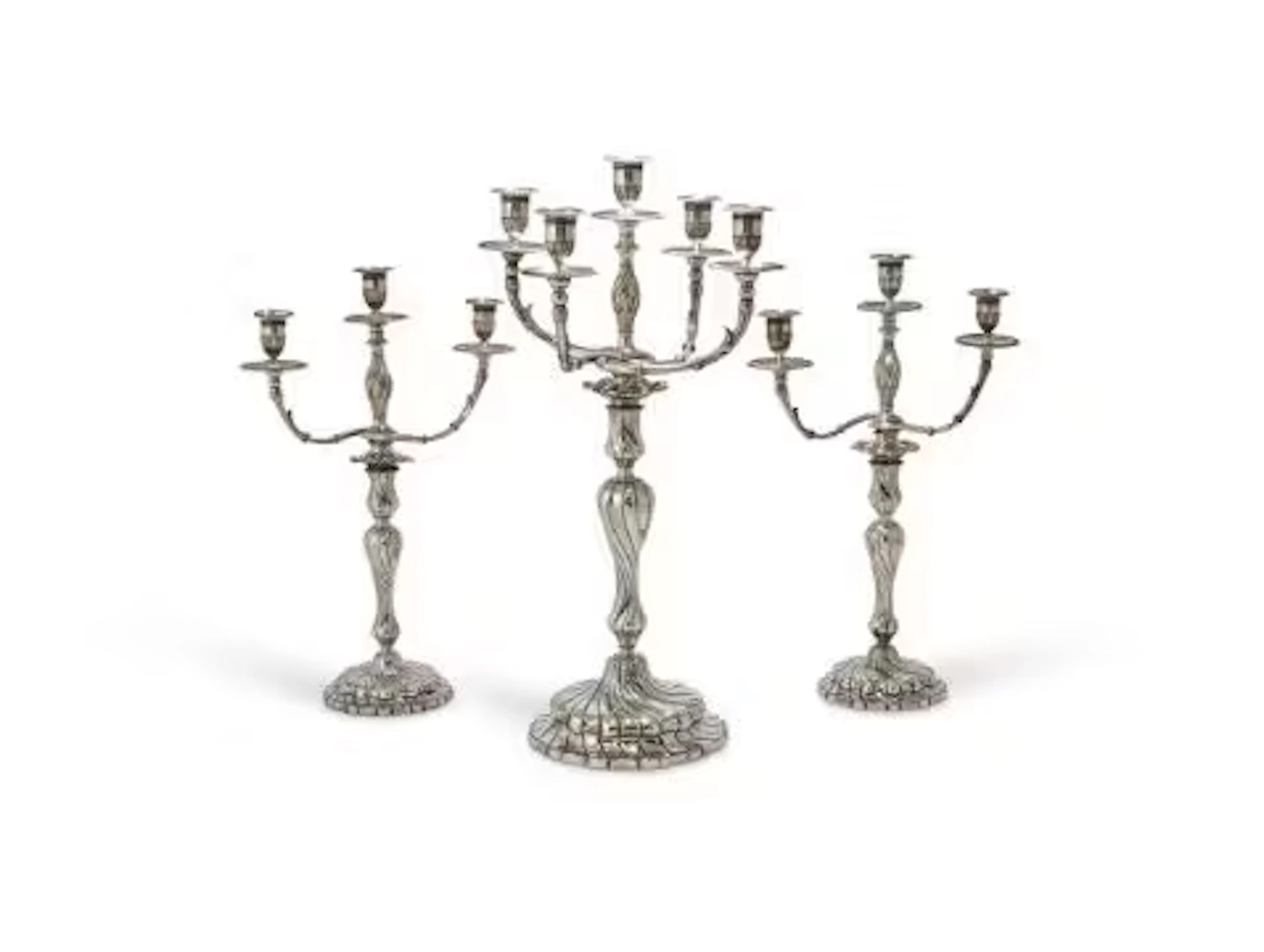 A VICTORIAN SILVER FIVE LIGHT CANDELABRUM AND A PAIR OF GEORGE II
