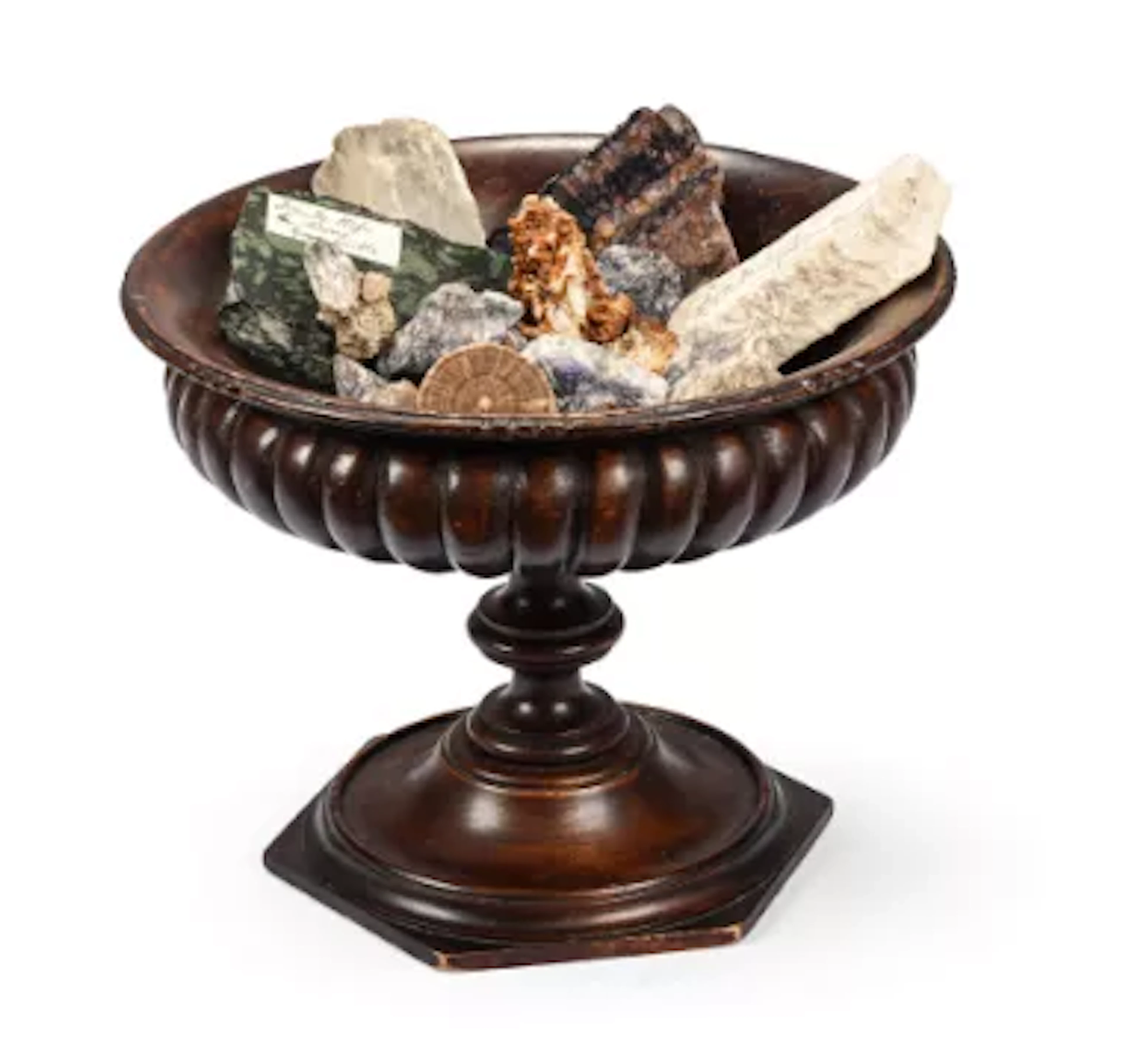A CARVED MAHOGANY TAZZA CONTAINING VARIOUS MINERAL AND MARBLE SPECIMENS