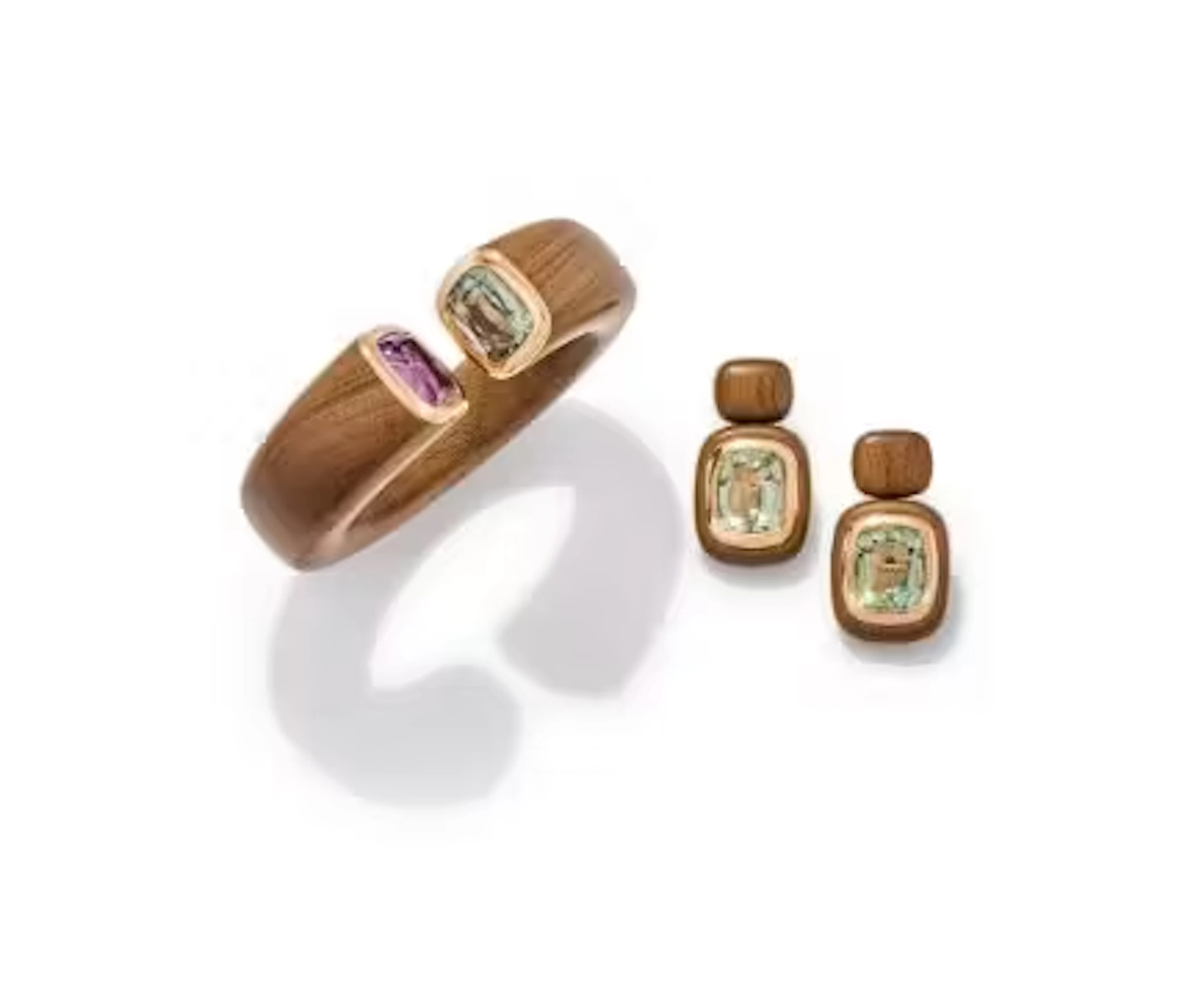 SCHEFFEL, 'GOLD MEETS WOOD', A GREEN QUARTZ, AMETHYST AND WOOD 'KASHMIR'