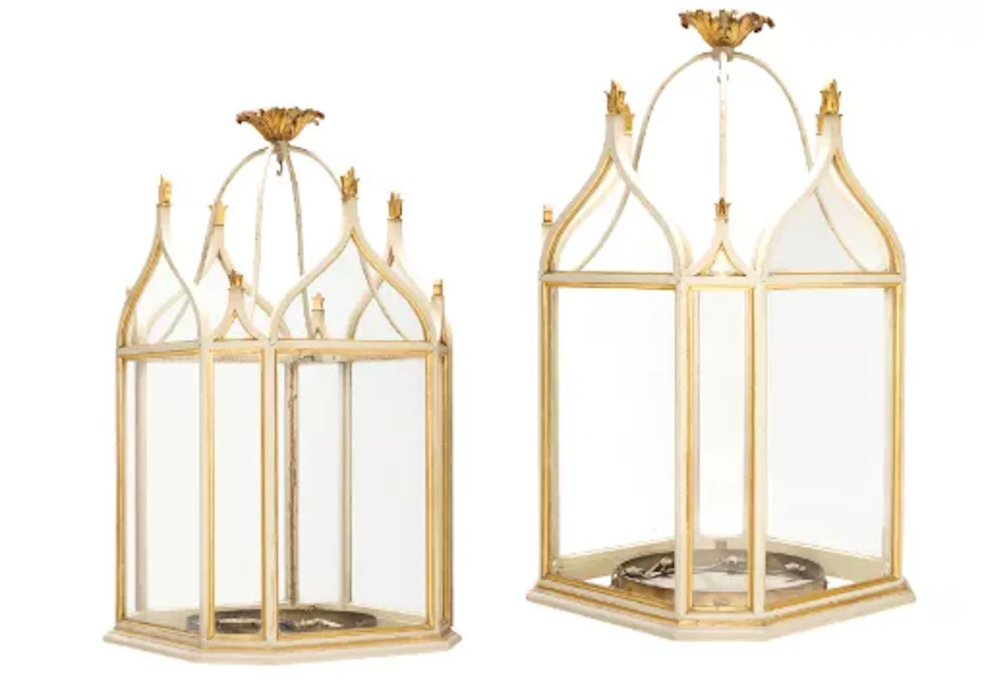 A PAIR OF GILTWOOD AND CREAM PAINTED HANGING LANTERNS OF LARGE SCALE