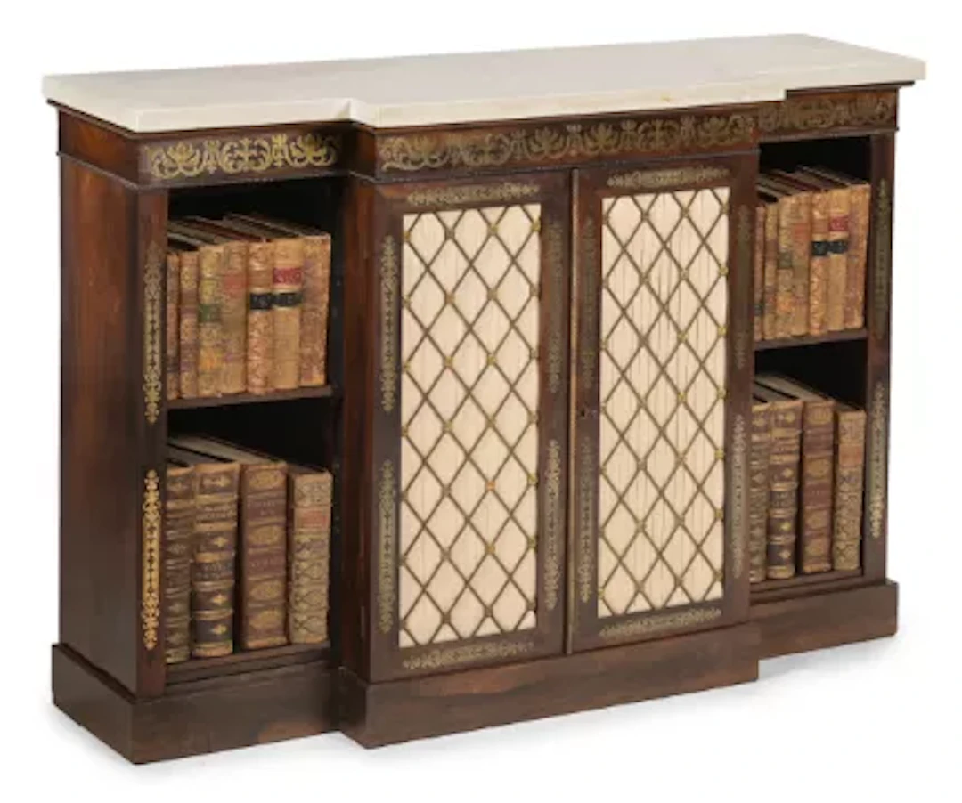 Y A REGENCY ROSEWOOD AND BRASS MARQUETRY BREAKFRONT SIDE CABINET OR