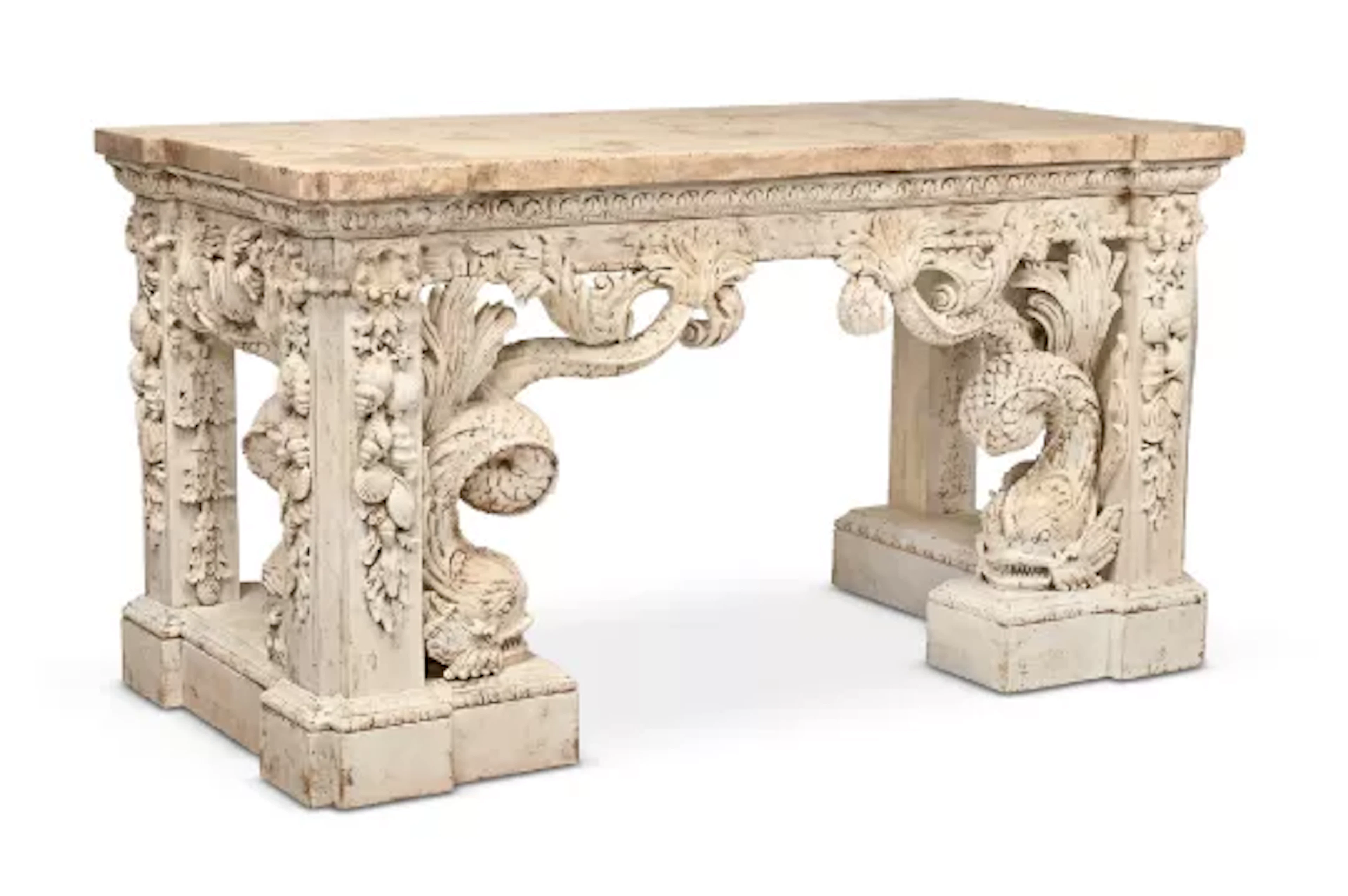 A CARVED WOOD AND PAINTED GESSO CONSOLE TABLE, IN THE MANNER OF WILLIAM
