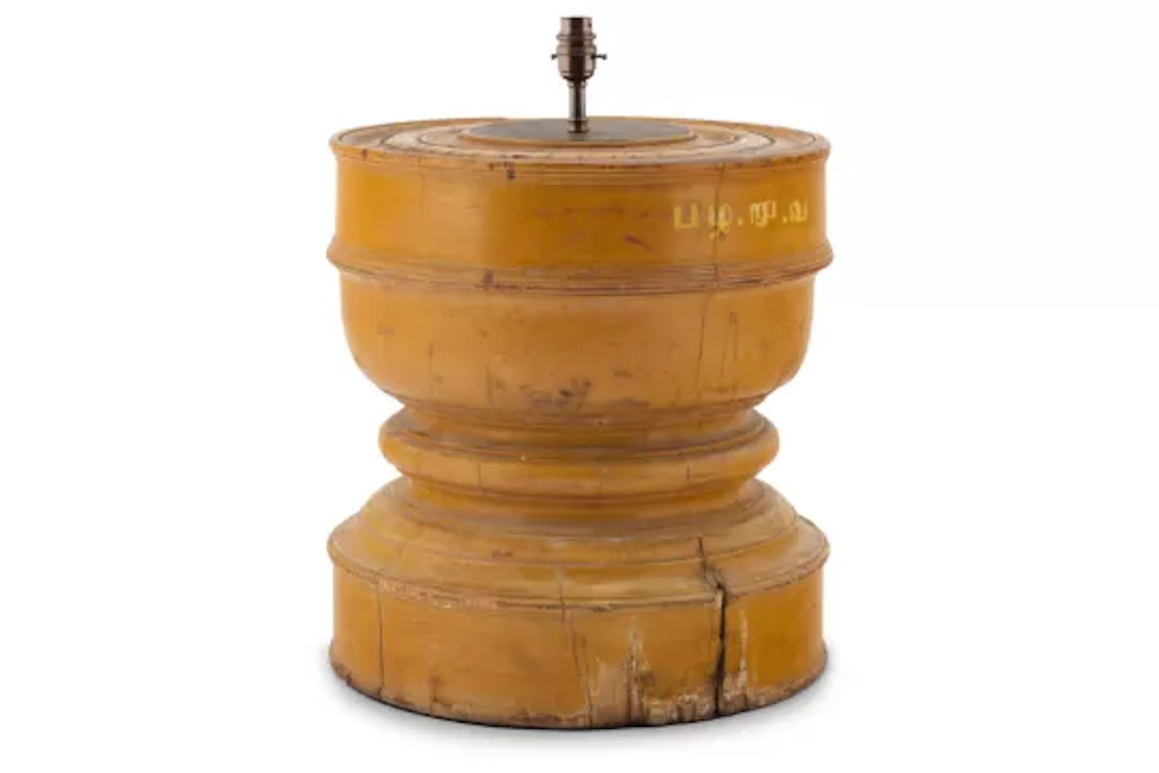 A YELLOW PAINTED HARDWOOD MORTAR TABLE LAMP, INDIAN, EARLY 20TH CENTURY