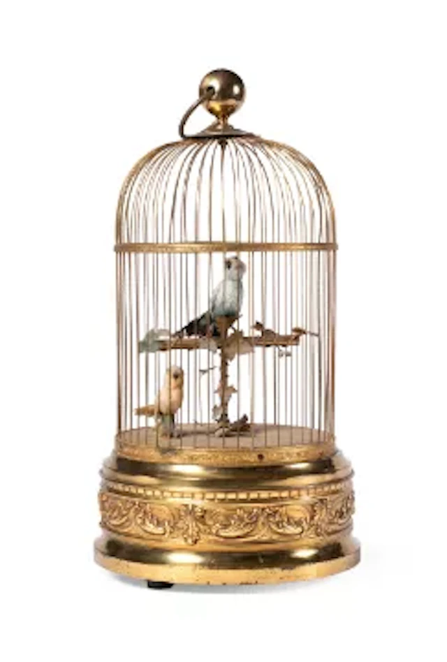 A FRENCH GILT-METAL SINGING BIRDCAGE AUTOMATON, PROBABLY BY BONTEMS
