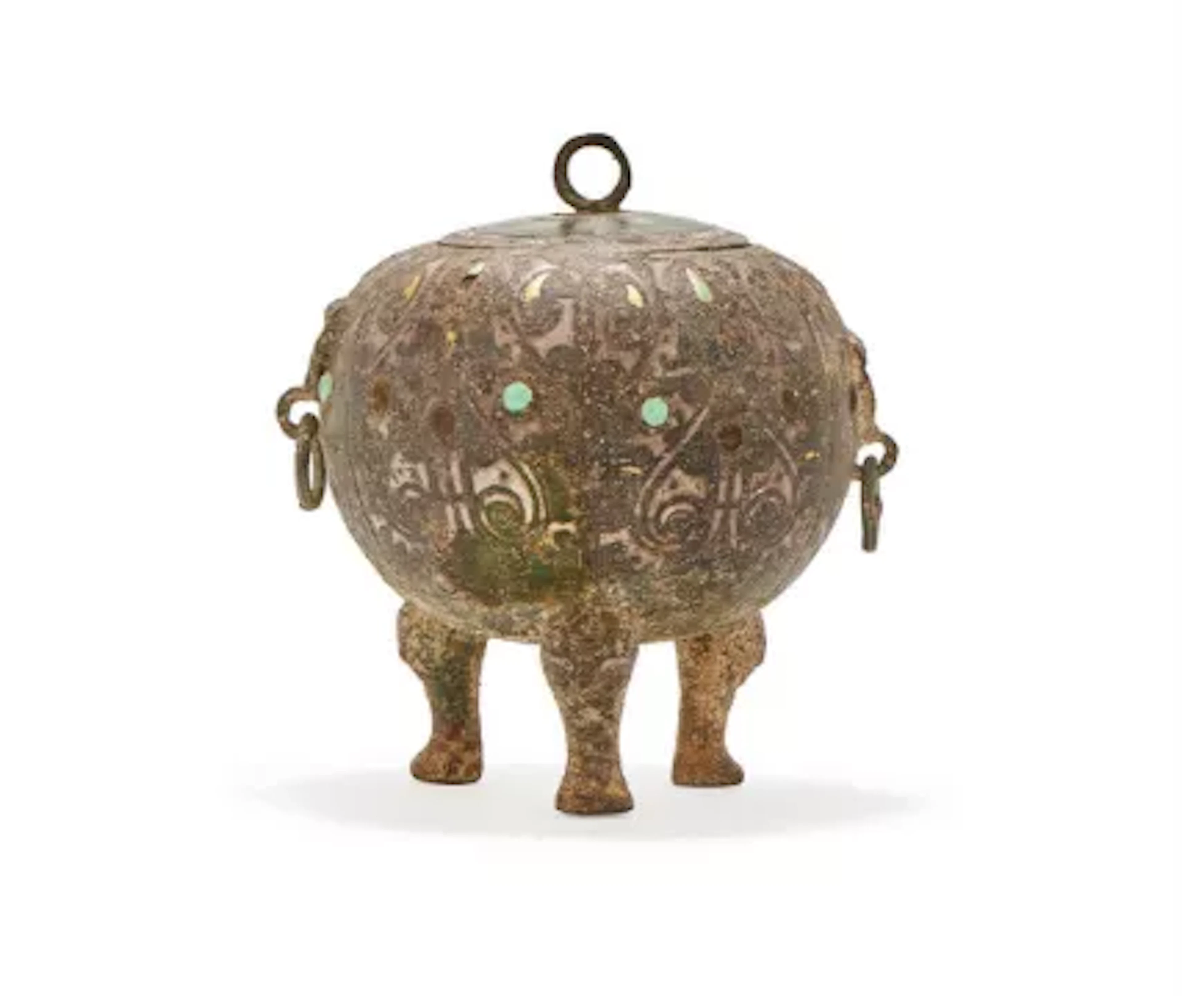 A Chinese bronze inlaid tripod food vessel