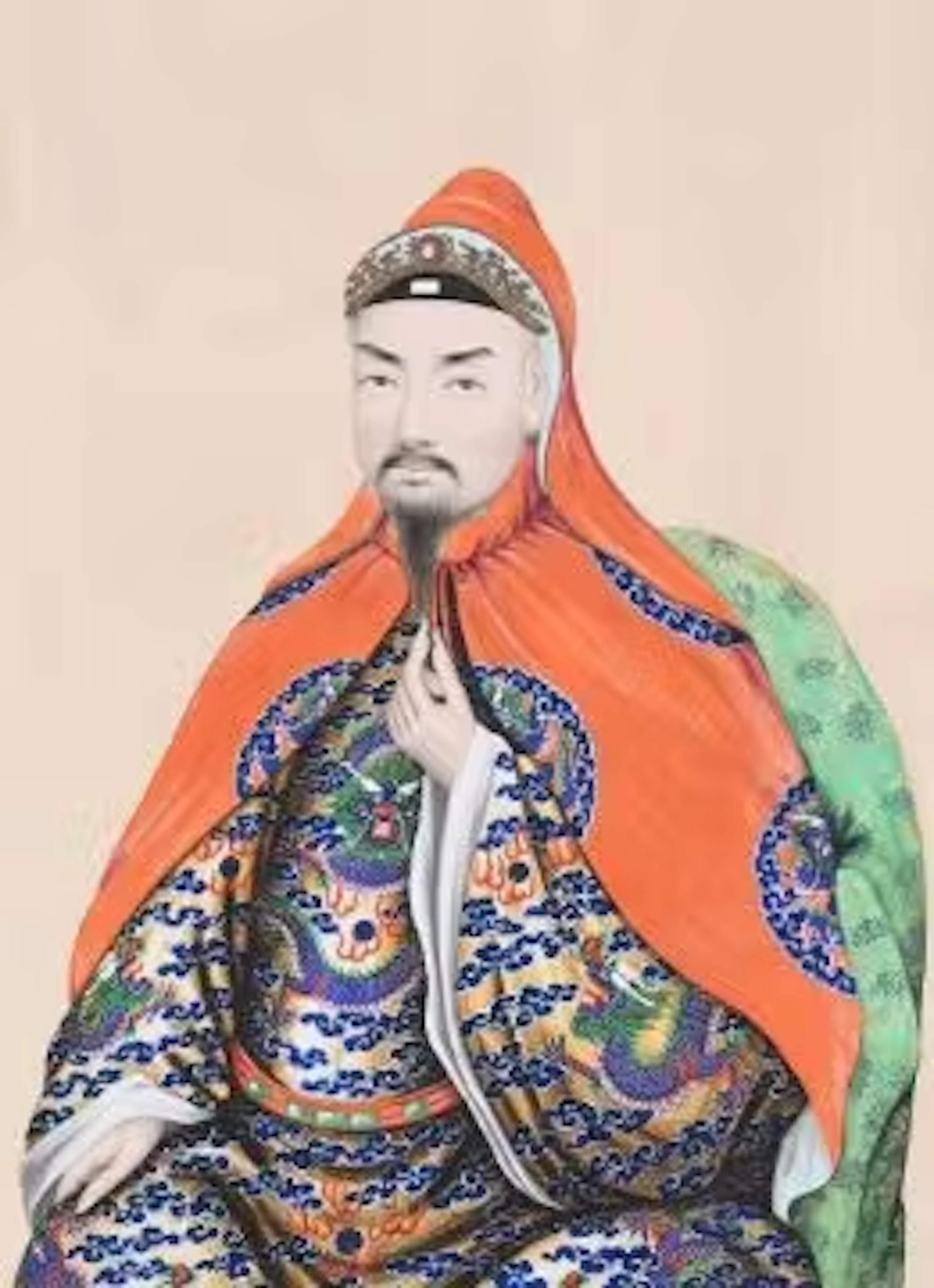 A Chinese watercolour painting of a seated Taiping military commander