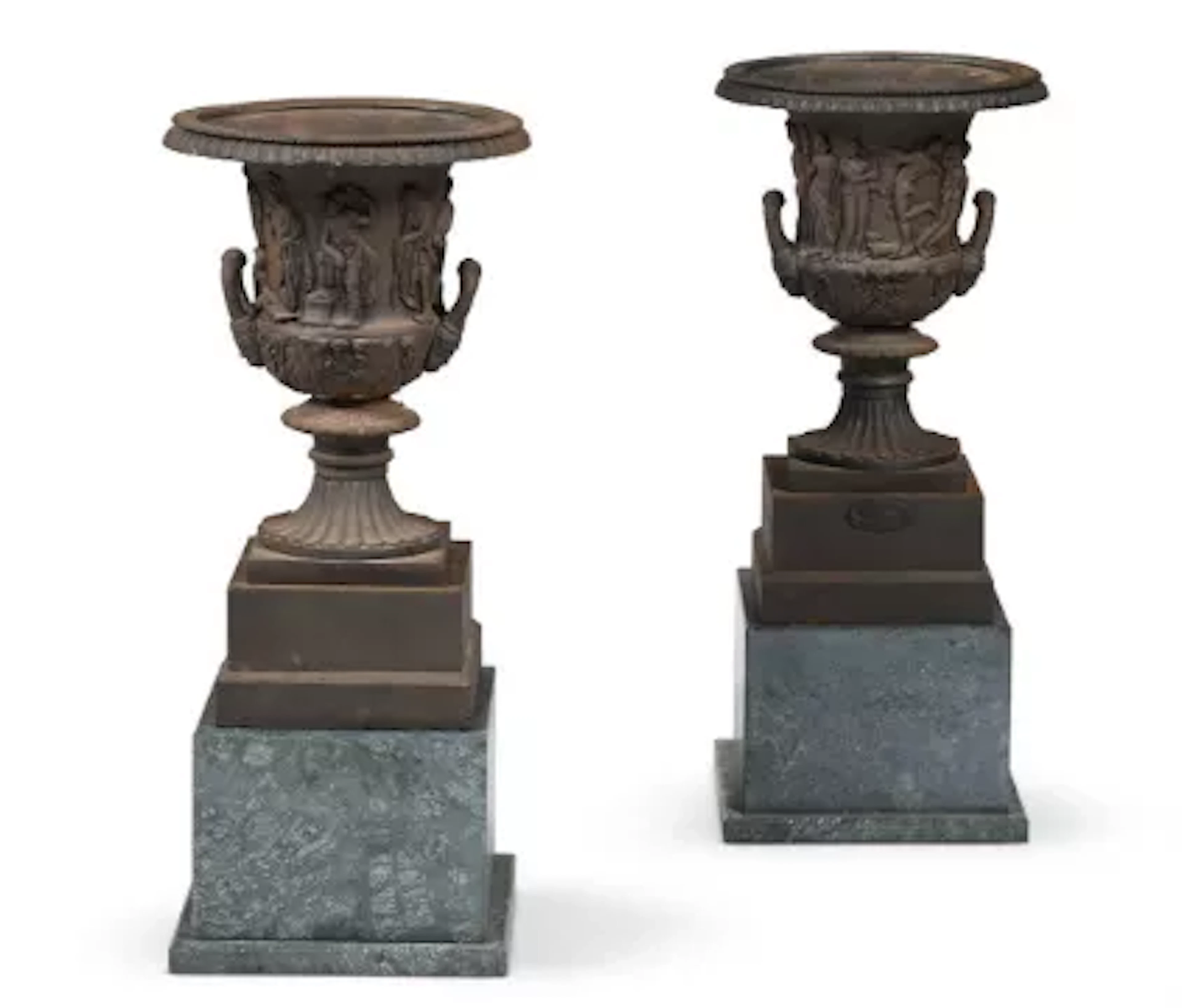 A PAIR OF HANDYSIDE CAST IRON TWIN HANDLED 'BORGHESE' AND 'MEDICI'