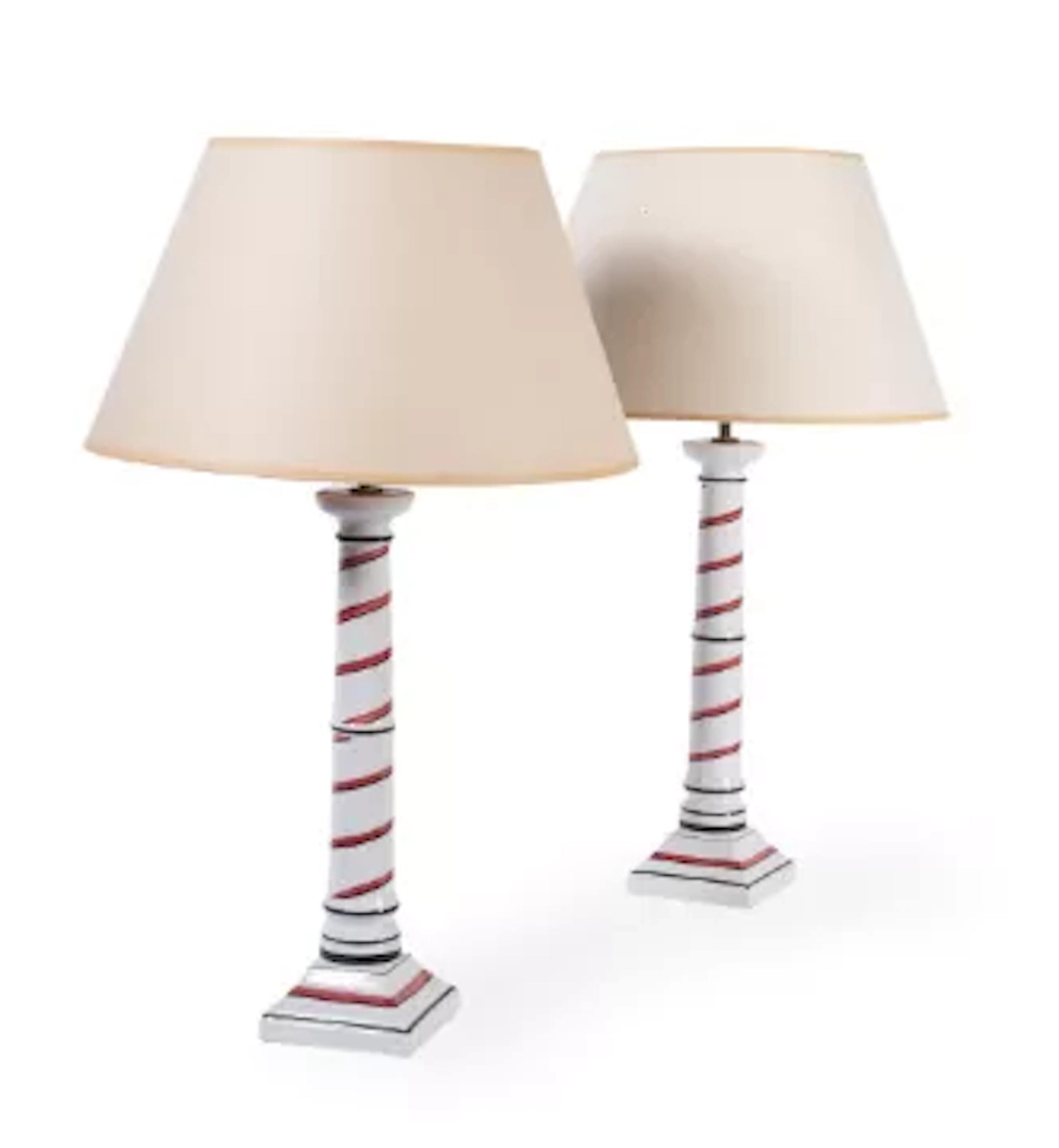 A PAIR OF RED SPIRAL PAINTED CERAMIC TABLE LAMPS, BY SIBYL COLEFAX