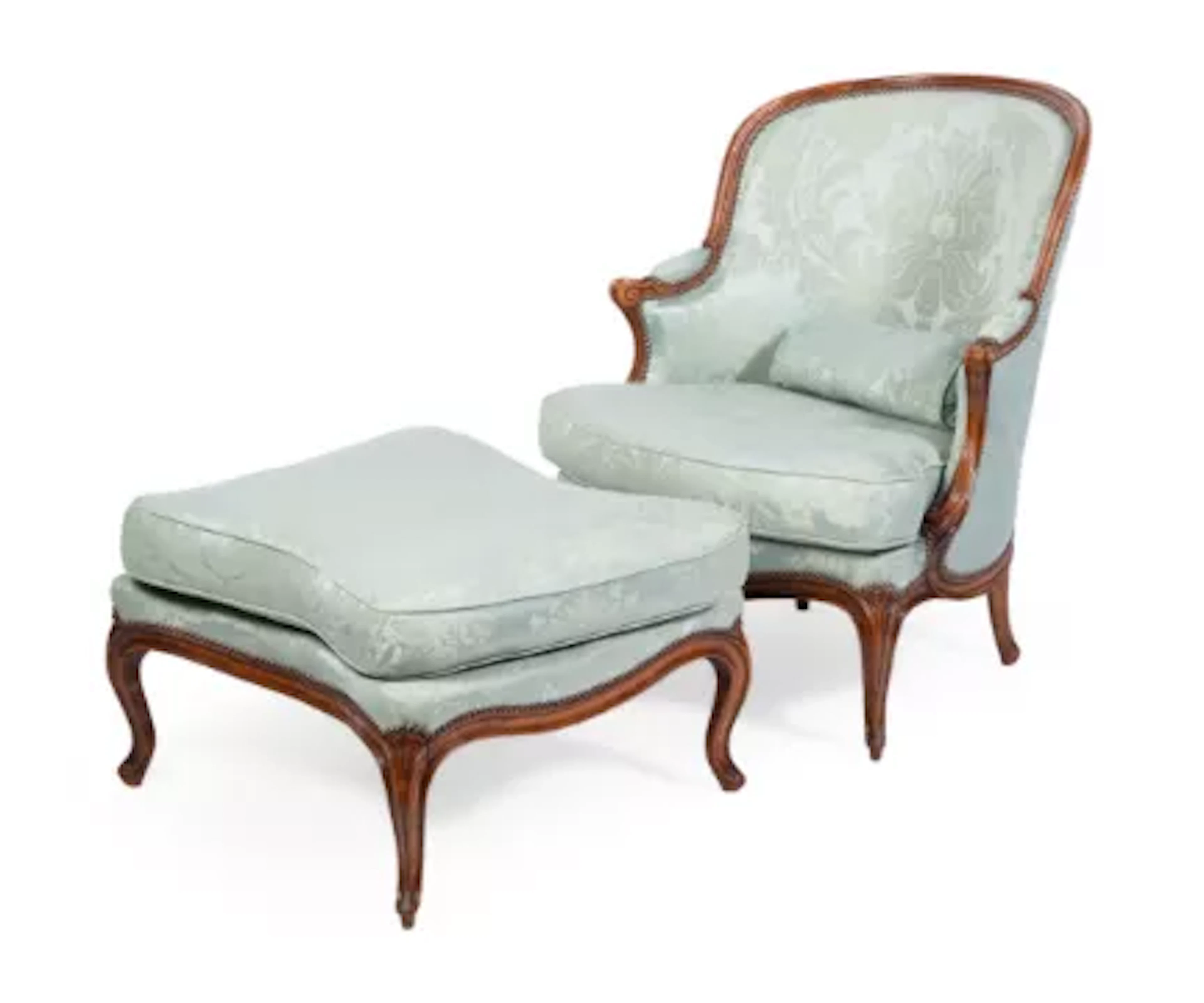 A TURQUOISE SILK DAMASK UPHOLSTERED WALNUT DUCHESSE BRISEE, 19TH CENTURY