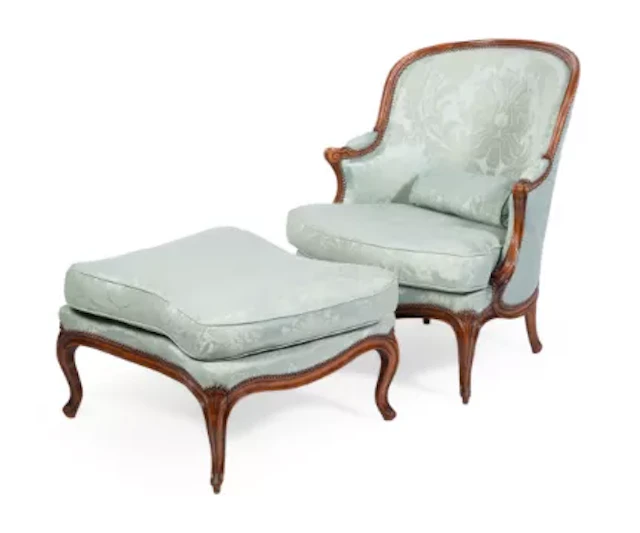 A TURQUOISE SILK DAMASK UPHOLSTERED WALNUT DUCHESSE BRISEE, 19TH CENTURY