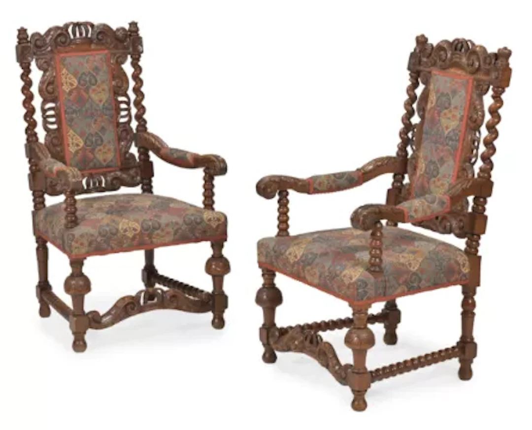A PAIR OF MID-VICTORIAN WALNUT OPEN ARMCHAIRS, IN THE 17TH CENTURY