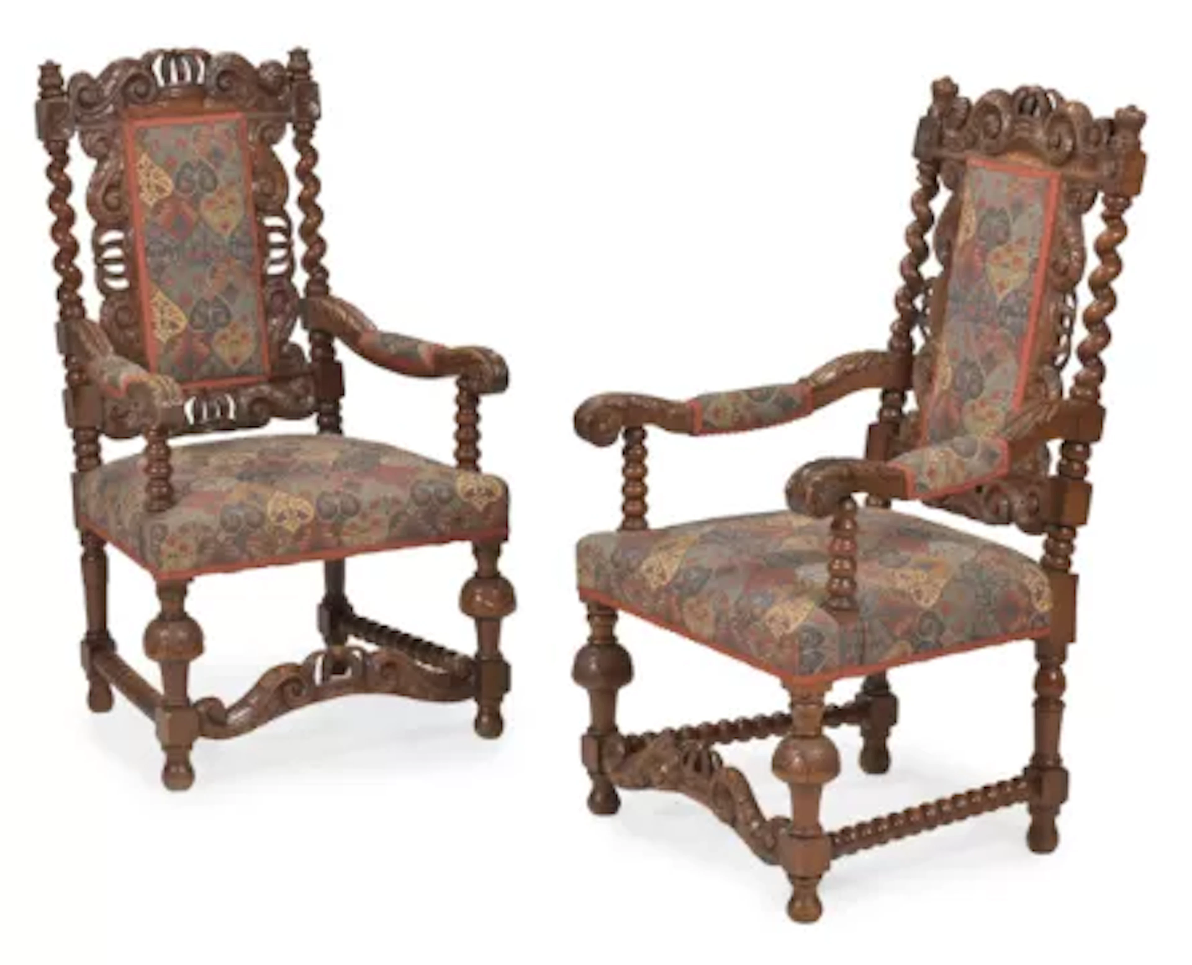 A PAIR OF MID-VICTORIAN WALNUT OPEN ARMCHAIRS, IN THE 17TH CENTURY