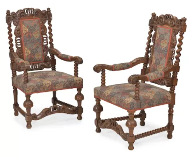 A PAIR OF MID-VICTORIAN WALNUT OPEN ARMCHAIRS, IN THE 17TH CENTURY