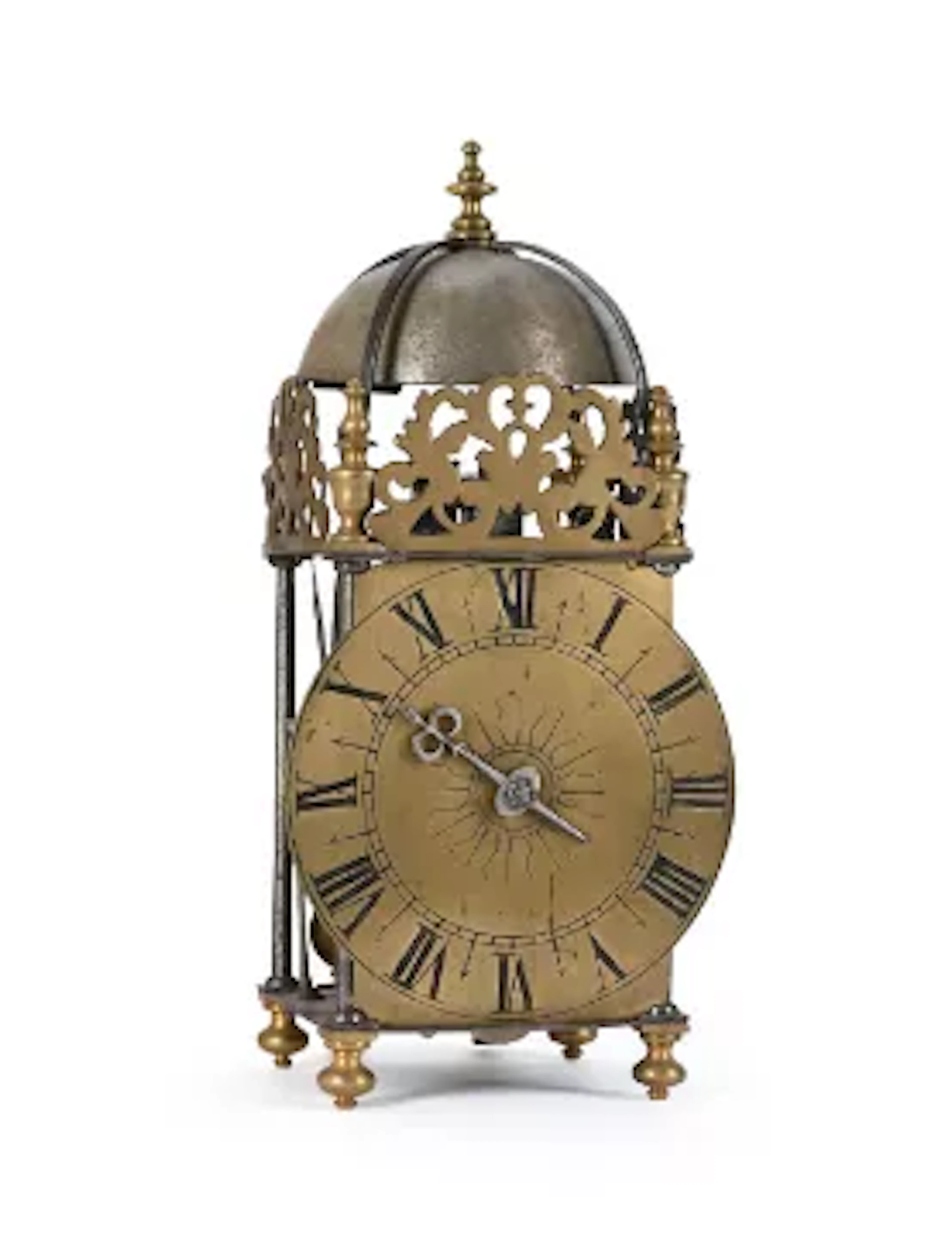A RARE FRENCH LOUIS XV IRON-FRAMED RACK-STRIKING LANTERN CLOCK WITH