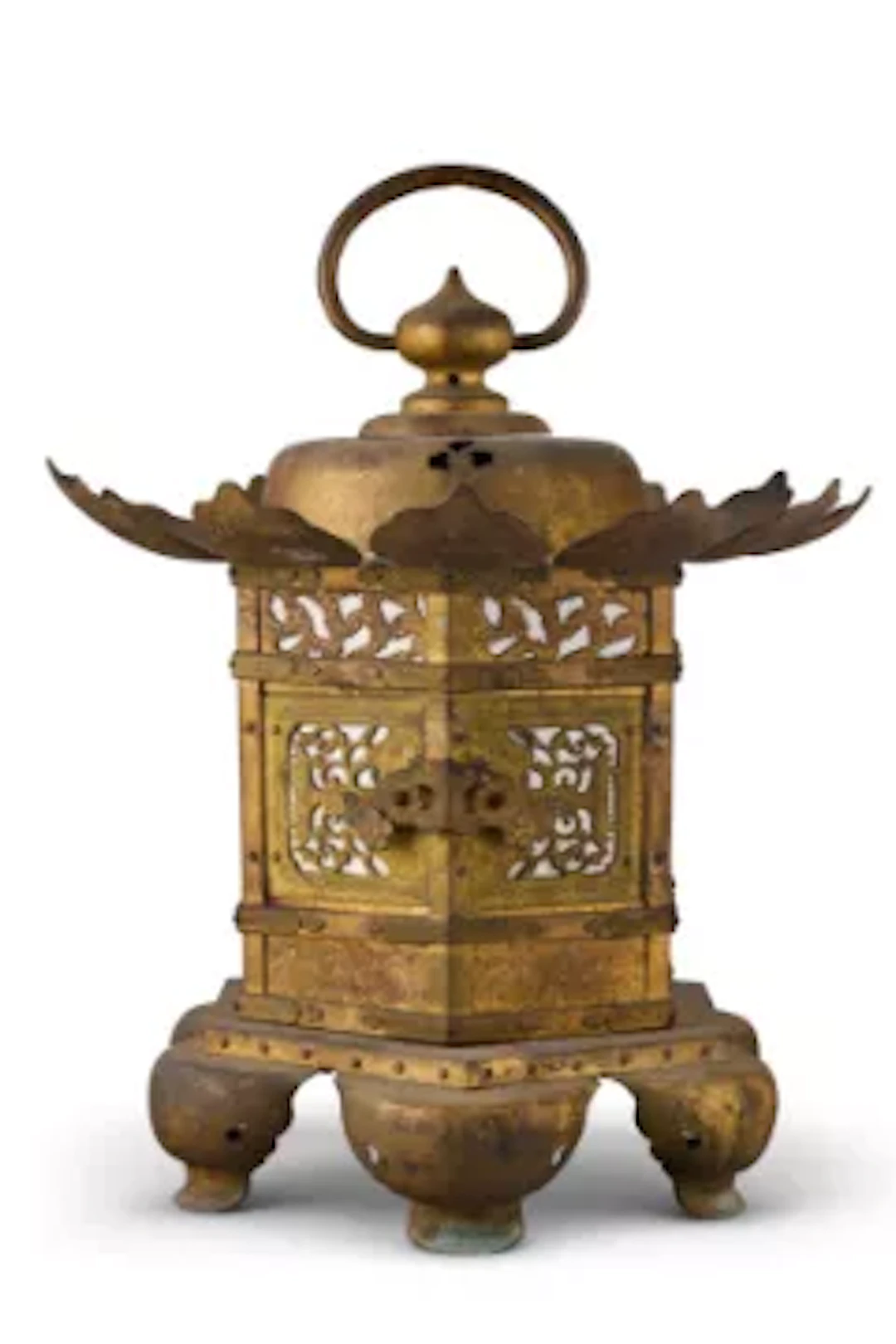 A JAPANESE GILT METAL HANGING LANTERN OF PAGODA FORM, LATE 19TH OR 20TH CENTURY
