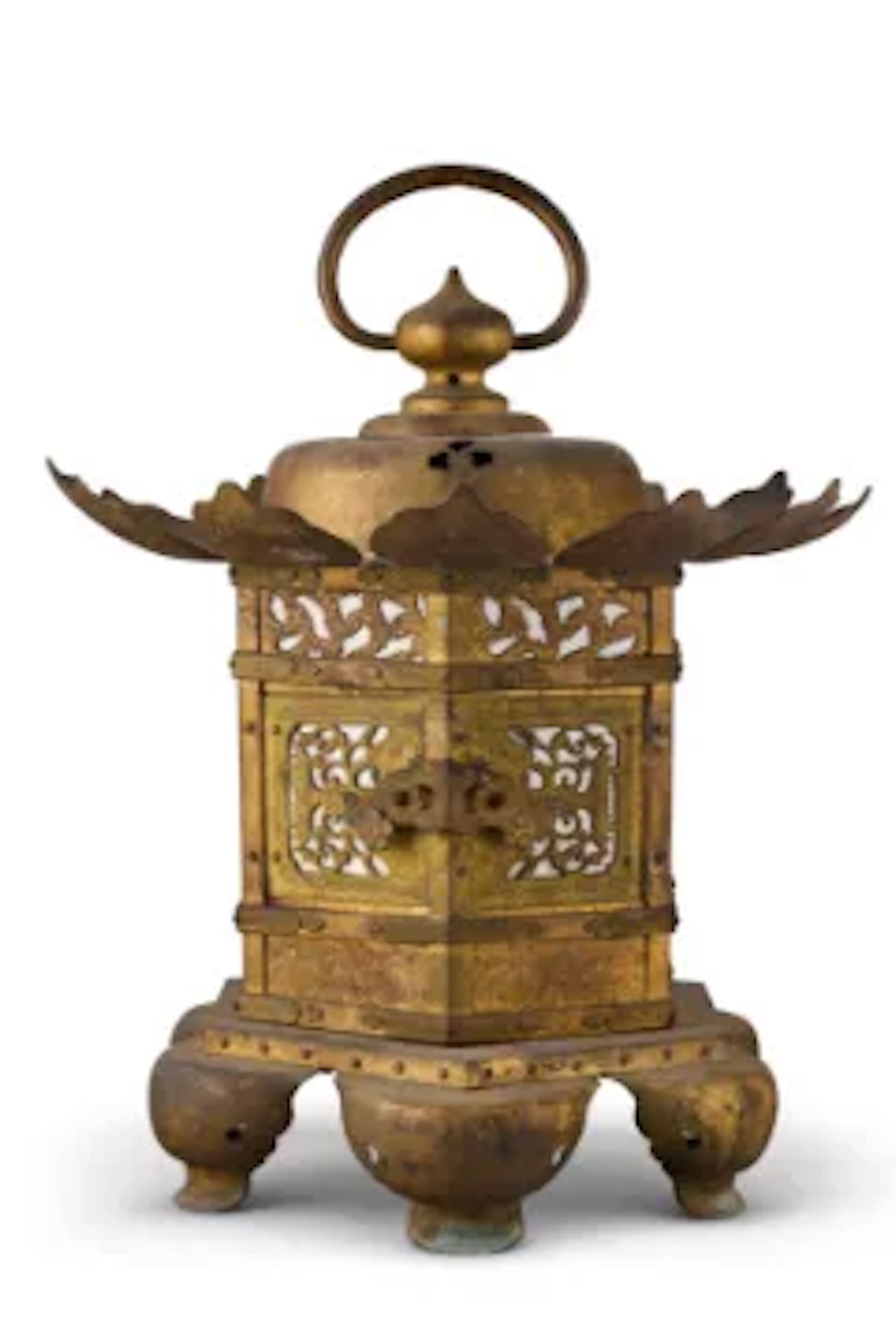 A JAPANESE GILT METAL HANGING LANTERN OF PAGODA FORM, LATE 19TH OR 20TH CENTURY