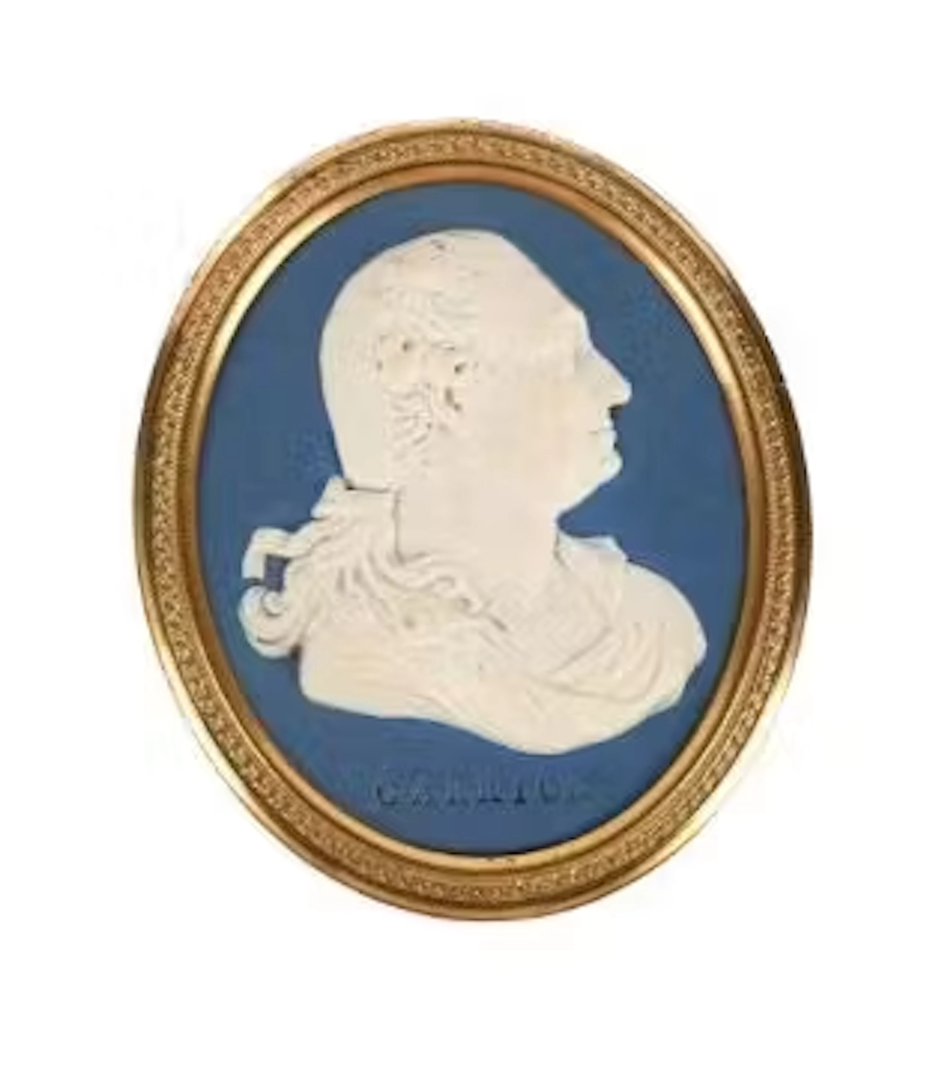 A WEDGWOOD & BENTLEY GILT-METAL MOUNTED PALE-BLUE SOLID JASPER OVAL
