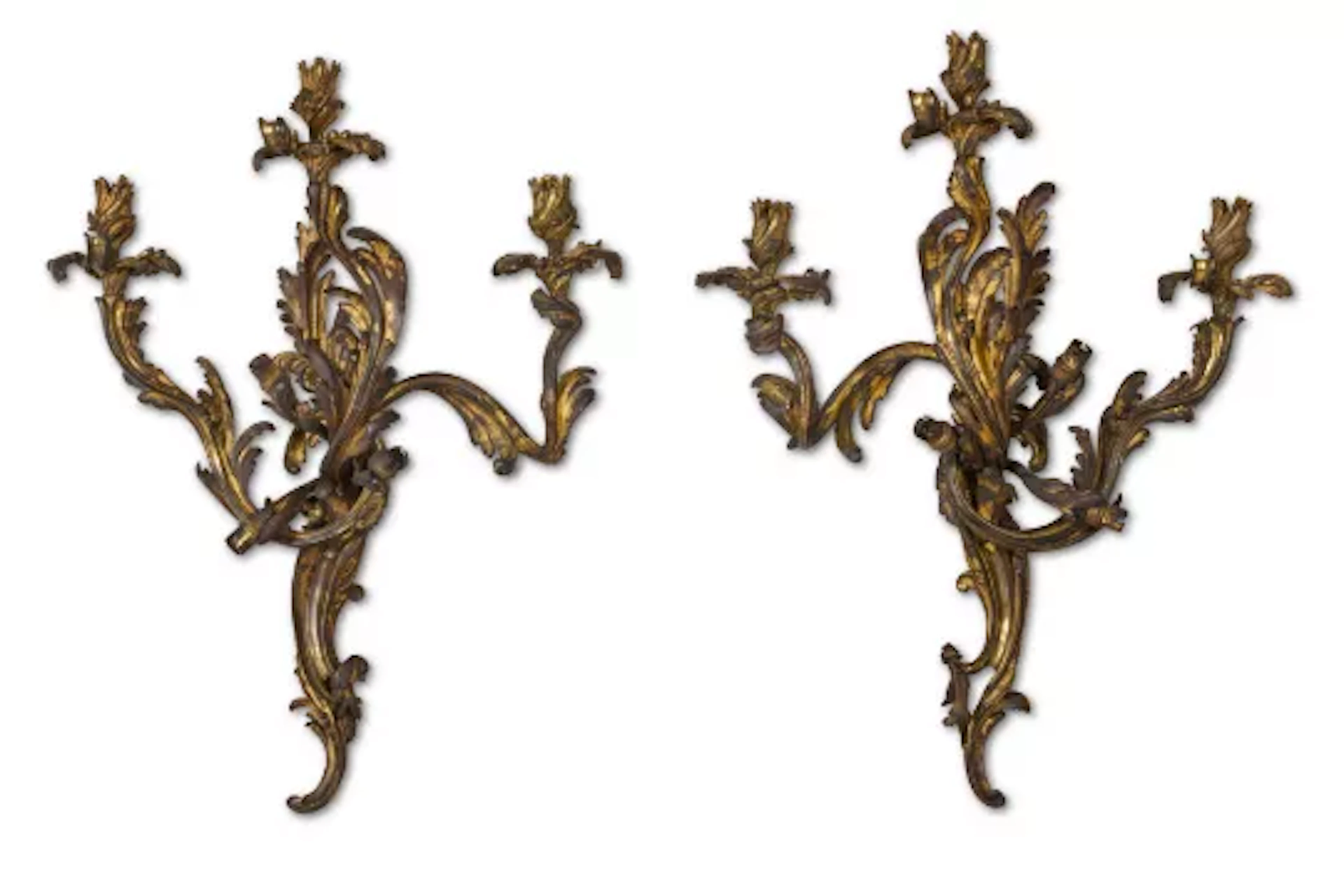 A LARGE PAIR OF GILT BRONZE THREE LIGHT WALL LIGHTS OR APPLIQUES