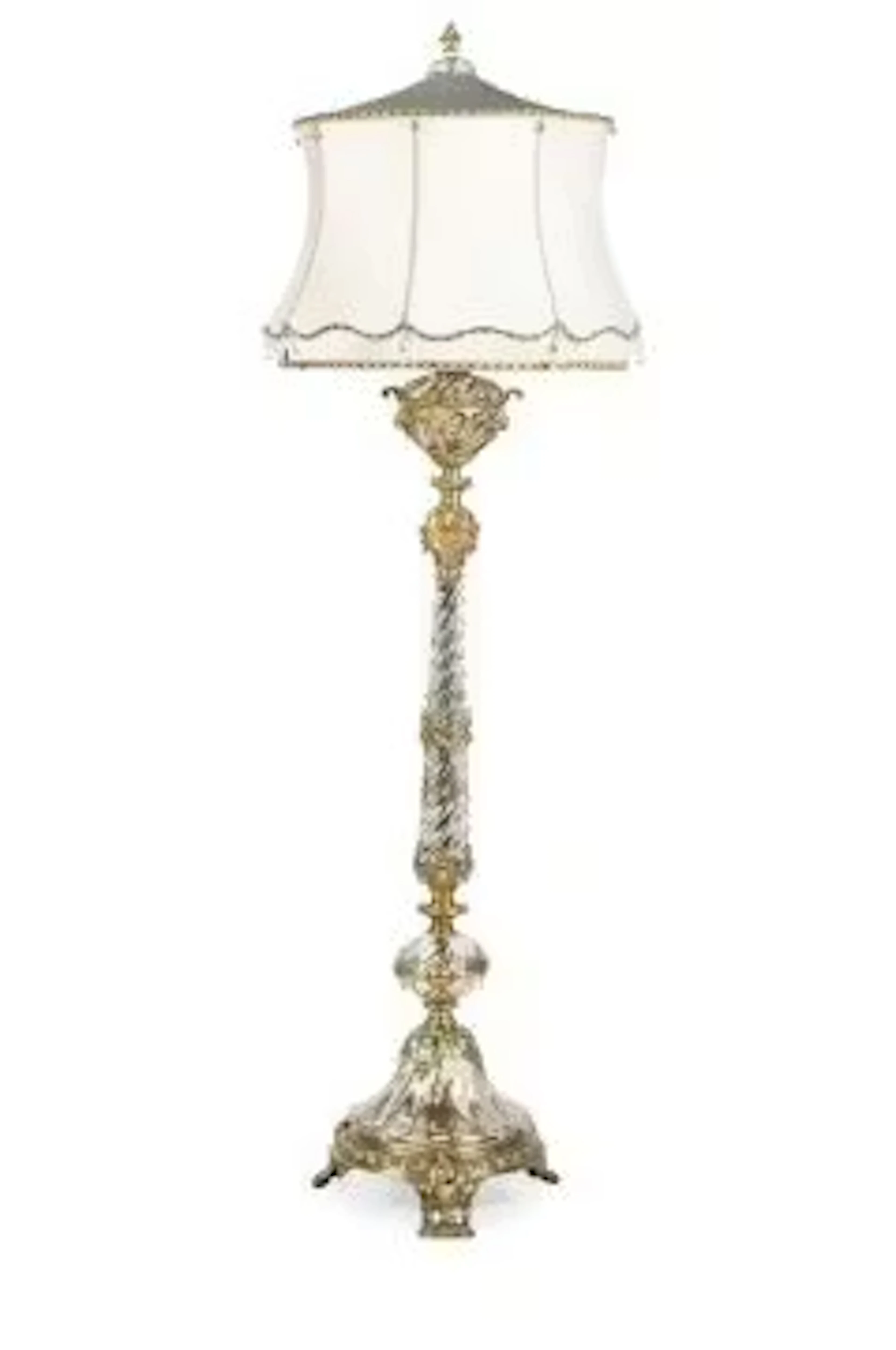 AN ORNATE GILT METAL MOUNTED MOULDED GLASS FLOOR OR STANDARD LAMP, 20TH CENTURY