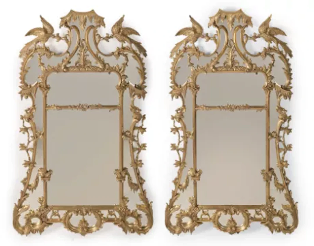 A LARGE PAIR OF CARVED GILTWOOD MIRRORS, IN GEORGE III STYLE, CONTEMPORARY