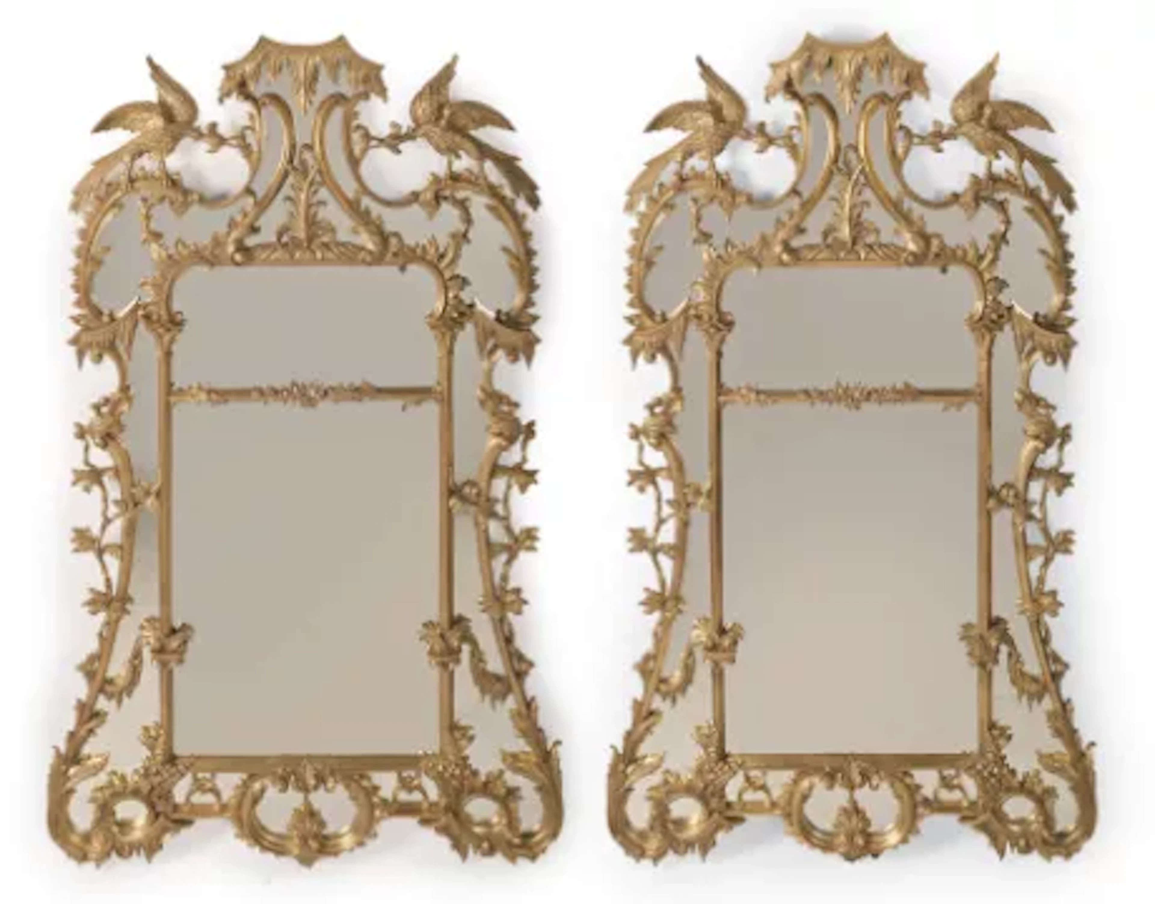 A LARGE PAIR OF CARVED GILTWOOD MIRRORS, IN GEORGE III STYLE, CONTEMPORARY