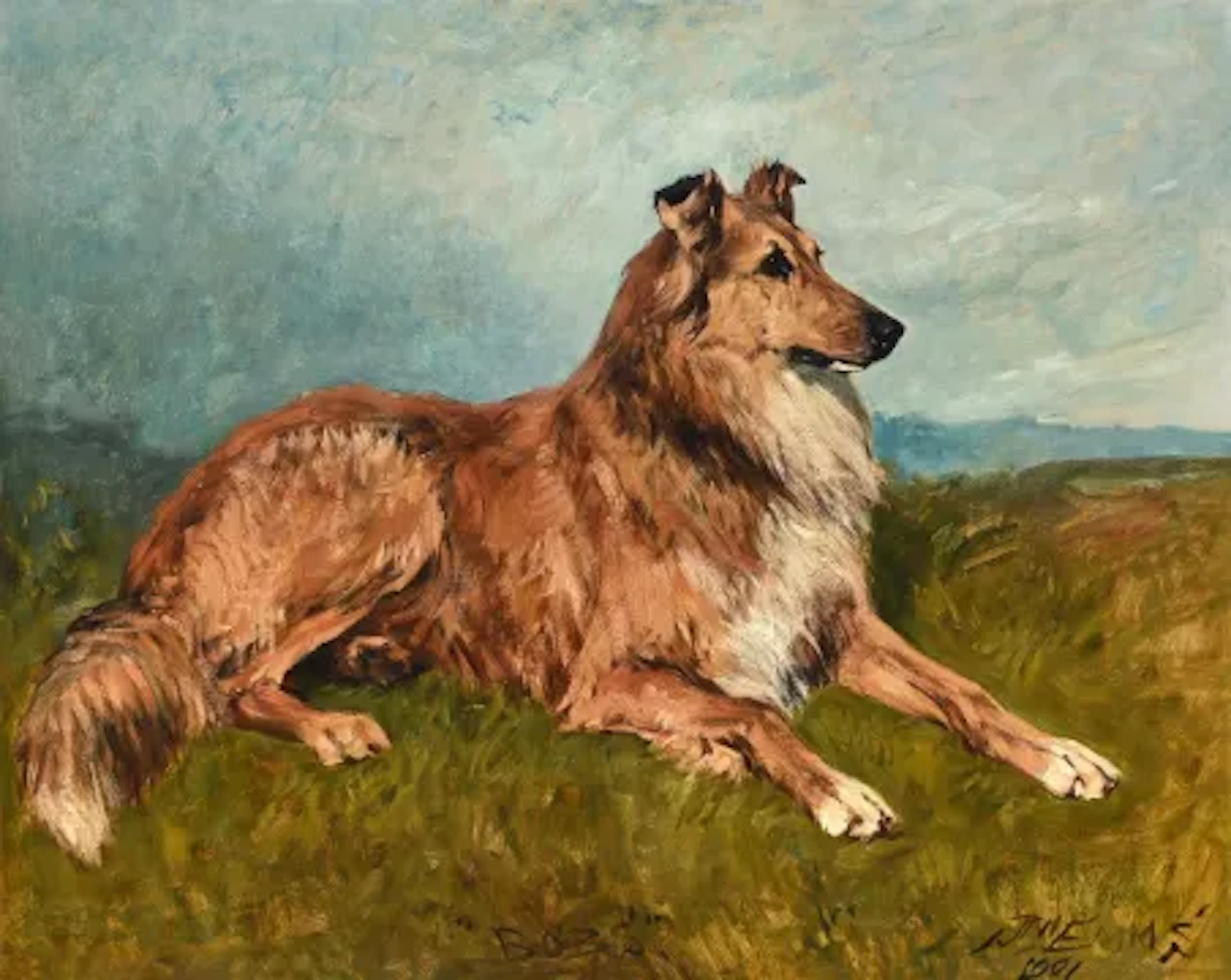 JOHN EMMS (BRITISH 1843-1912), 'BOBS', A COLLIE IN A LANDSCAPE