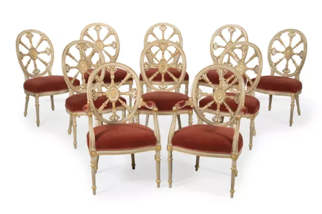 A SET OF TEN PAINTED AND PARCEL GILT DINING CHAIRS, LATE 18TH CENTURY AND LATER