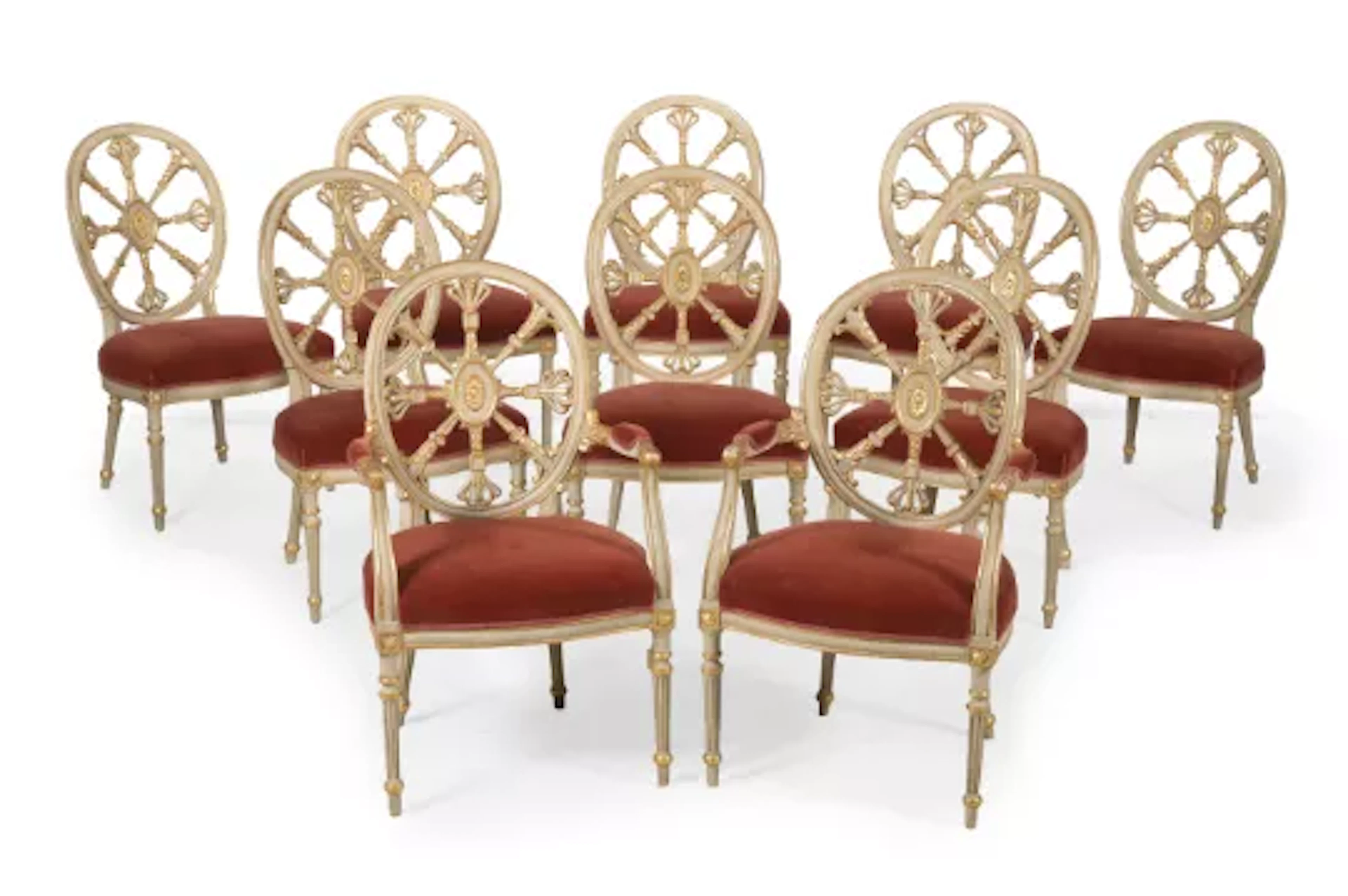 A SET OF TEN PAINTED AND PARCEL GILT DINING CHAIRS, LATE 18TH CENTURY AND LATER