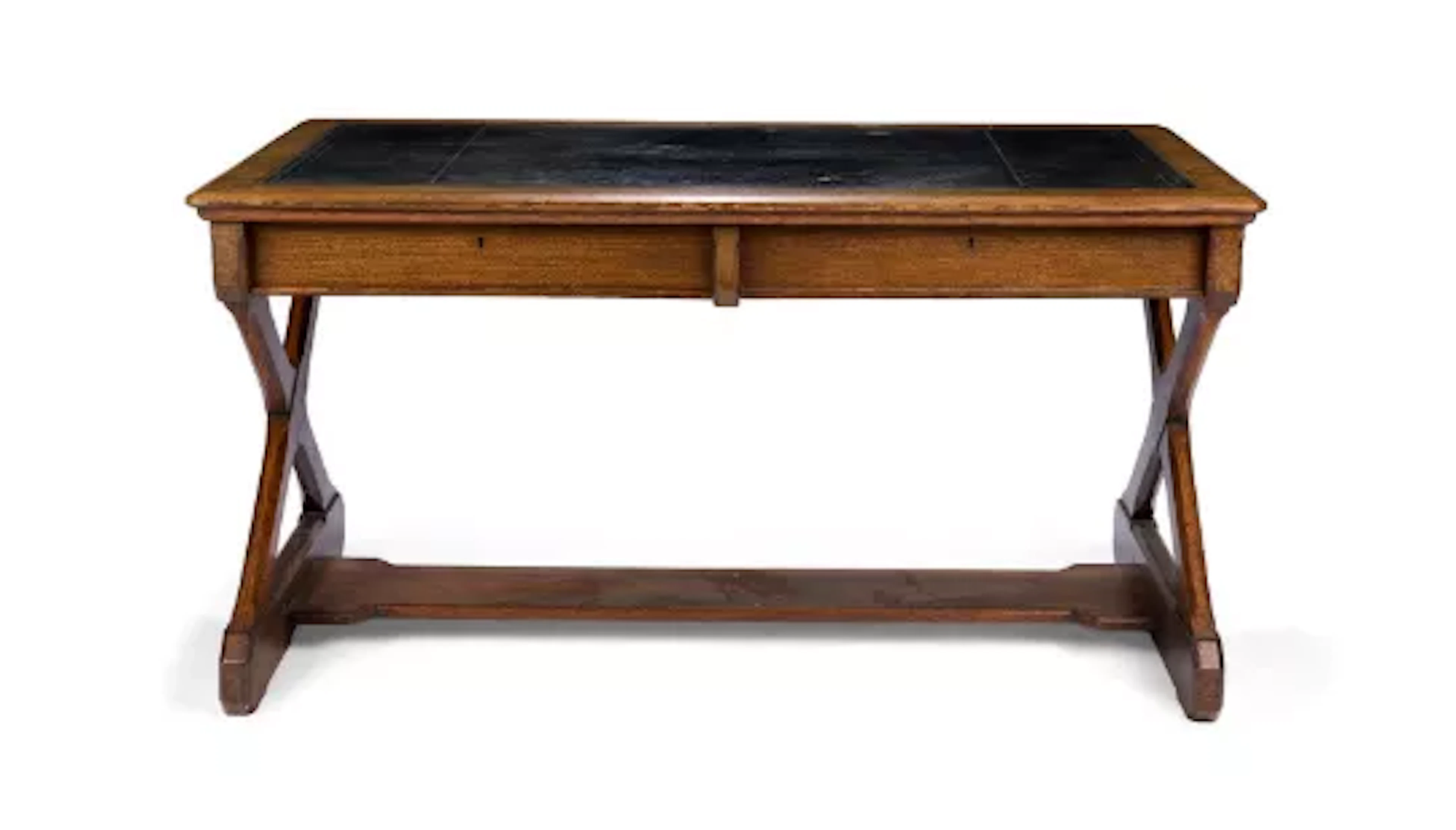 A VICTORIAN OAK X-FRAME WRITING-TABLE, BY HOWARD & SONS