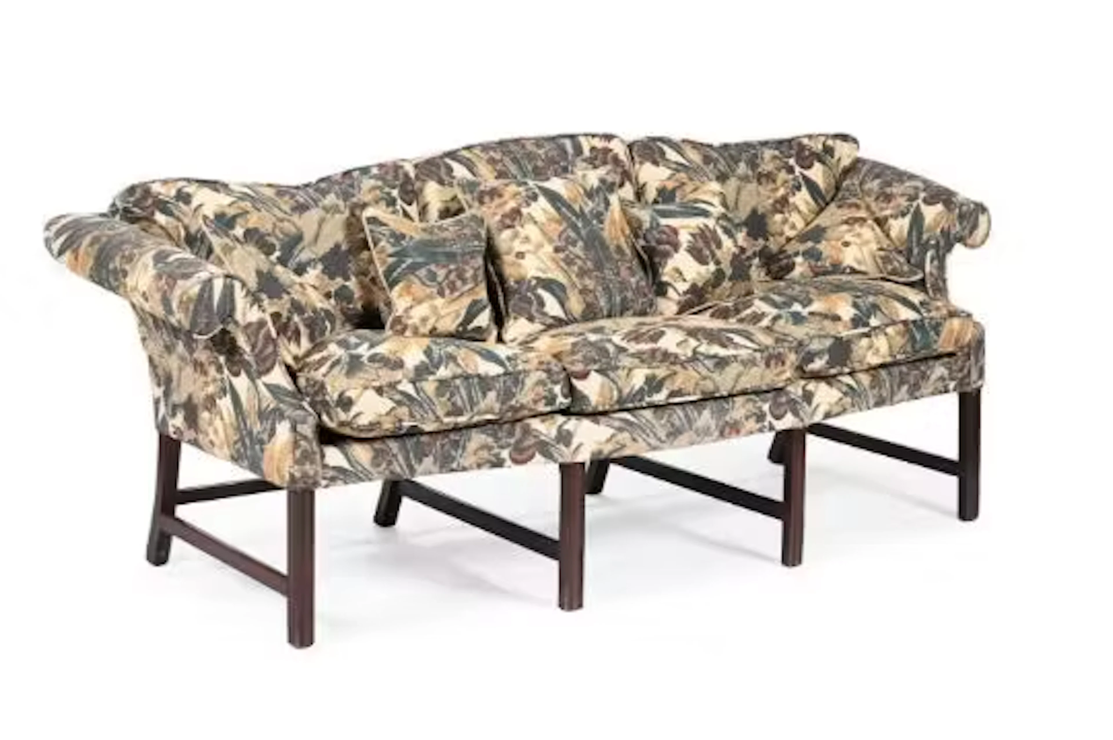A GEORGE III SERPENTINE TAPESTRY UPHOLSTERED SOFA, IN THE MANNER OF