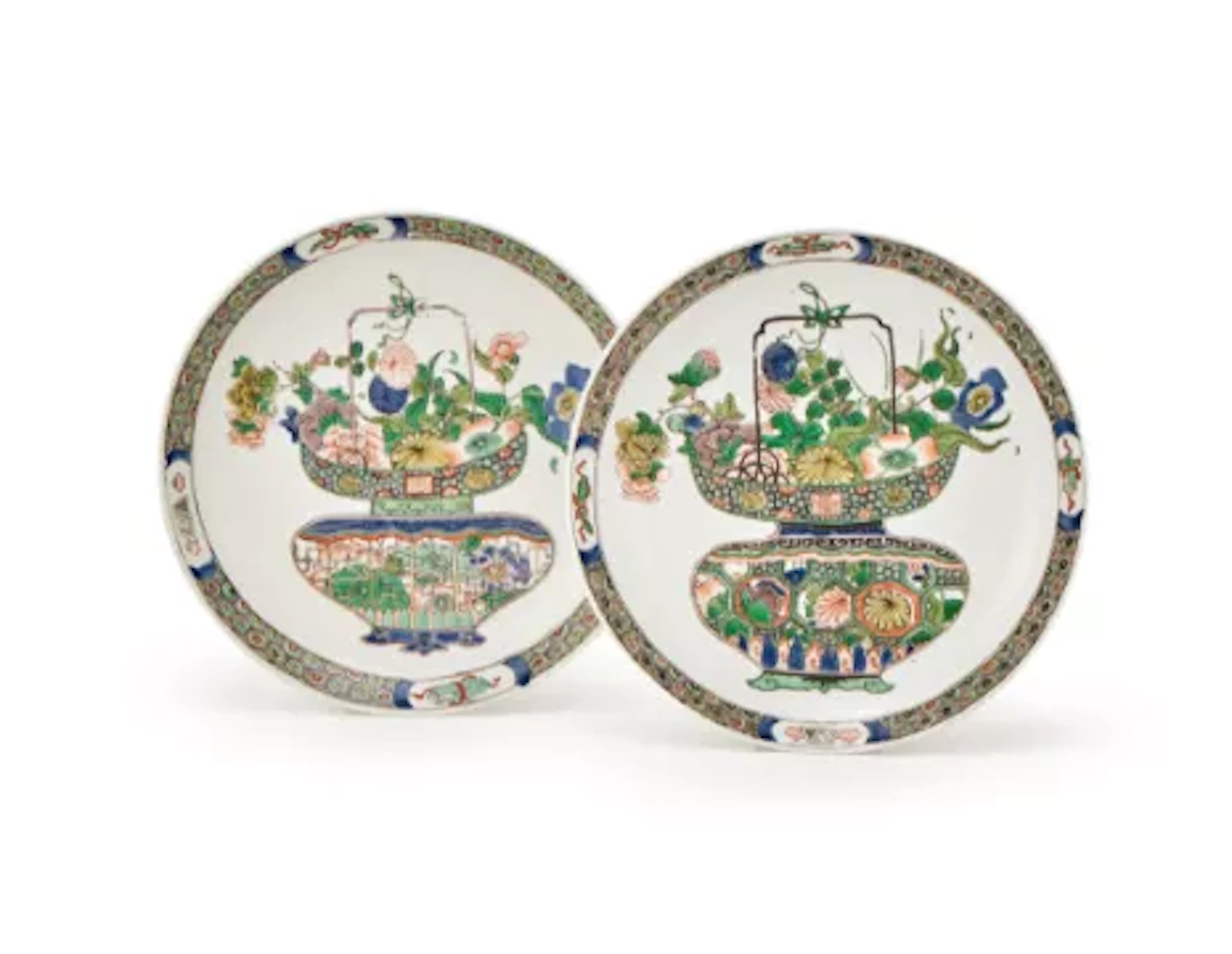 Two similar Chinese famille rose 'Flower basket' dishes, Kangxi (1662-1722)