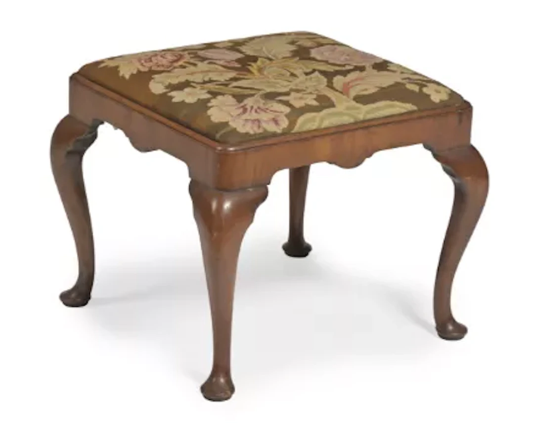 A WALNUT AND NEEDLEWORK UPHOLSTERED STOOL, IN GEORGE I STYLE, LATE