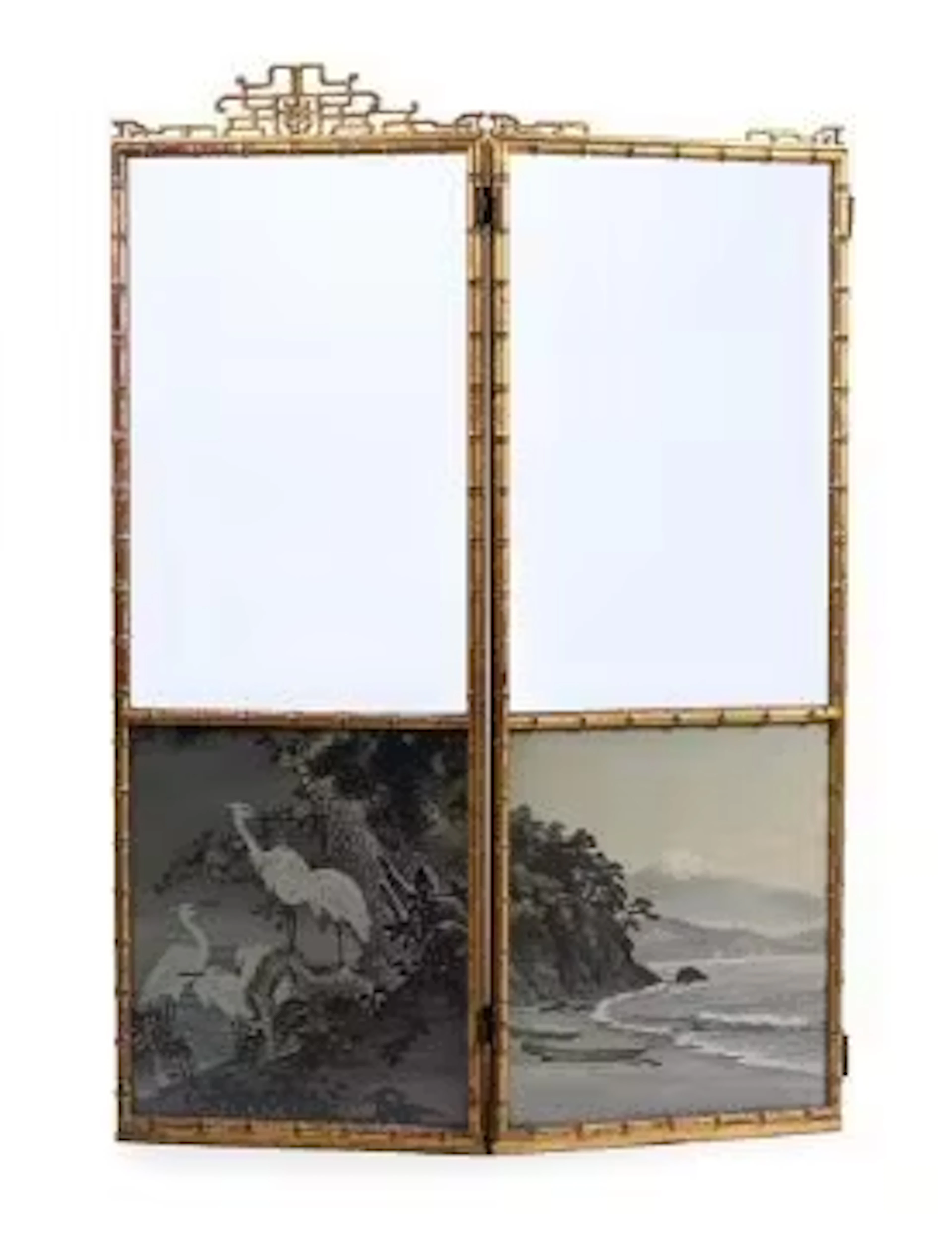 A GILTWOOD SIMULATED BAMBOO AND GLASS FOLDING TWO-PANEL SCREEN, SECOND