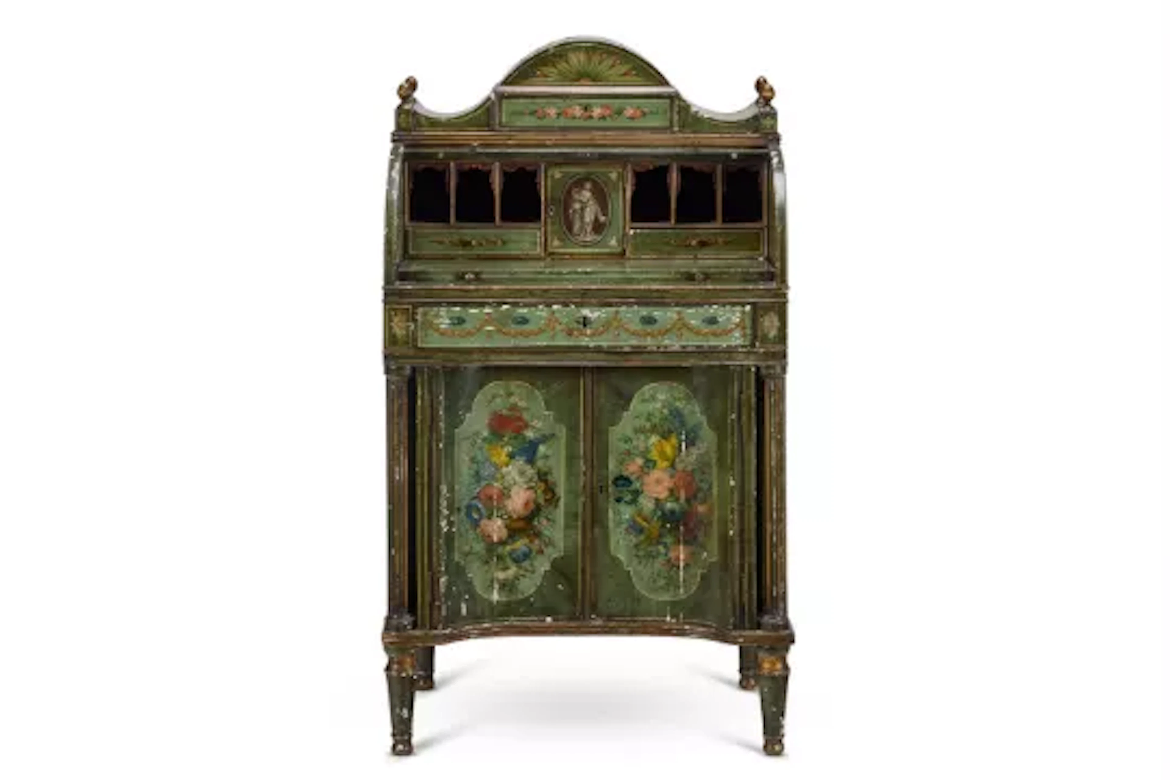A SHERATON REVIVAL GREEN AND POLYCHROME-PAINTED CYLINDER BUREAU