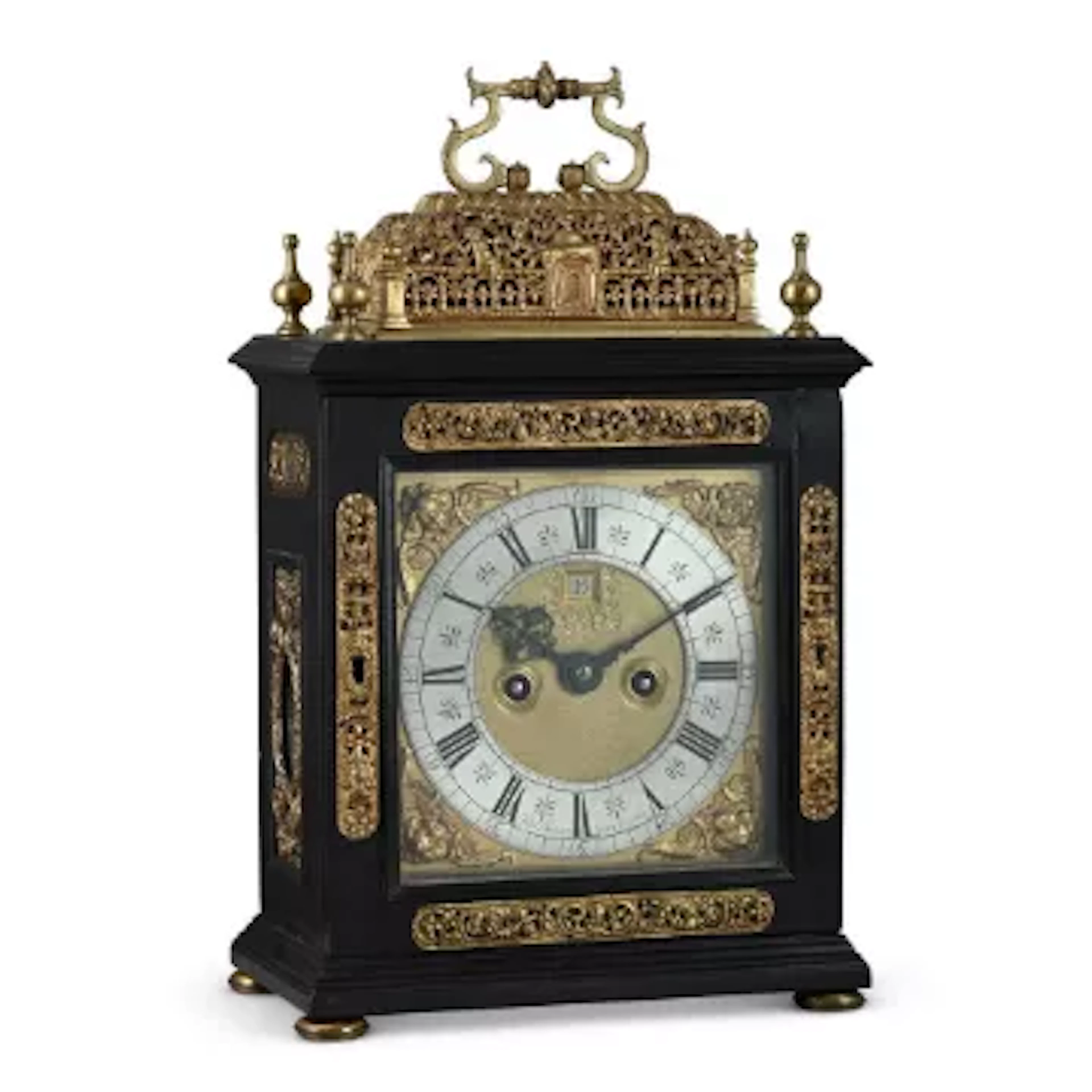 Y A WILLIAM III EBONY 'BASKET TOP' QUARTER-REPEATING TABLE CLOCK JOHN BARNETT