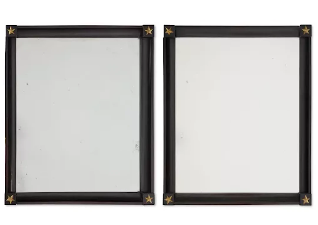 A PAIR OF BRASS MOUNTED EBONISED FRUITWOOD MIRRORS, LATE 19TH CENTURY