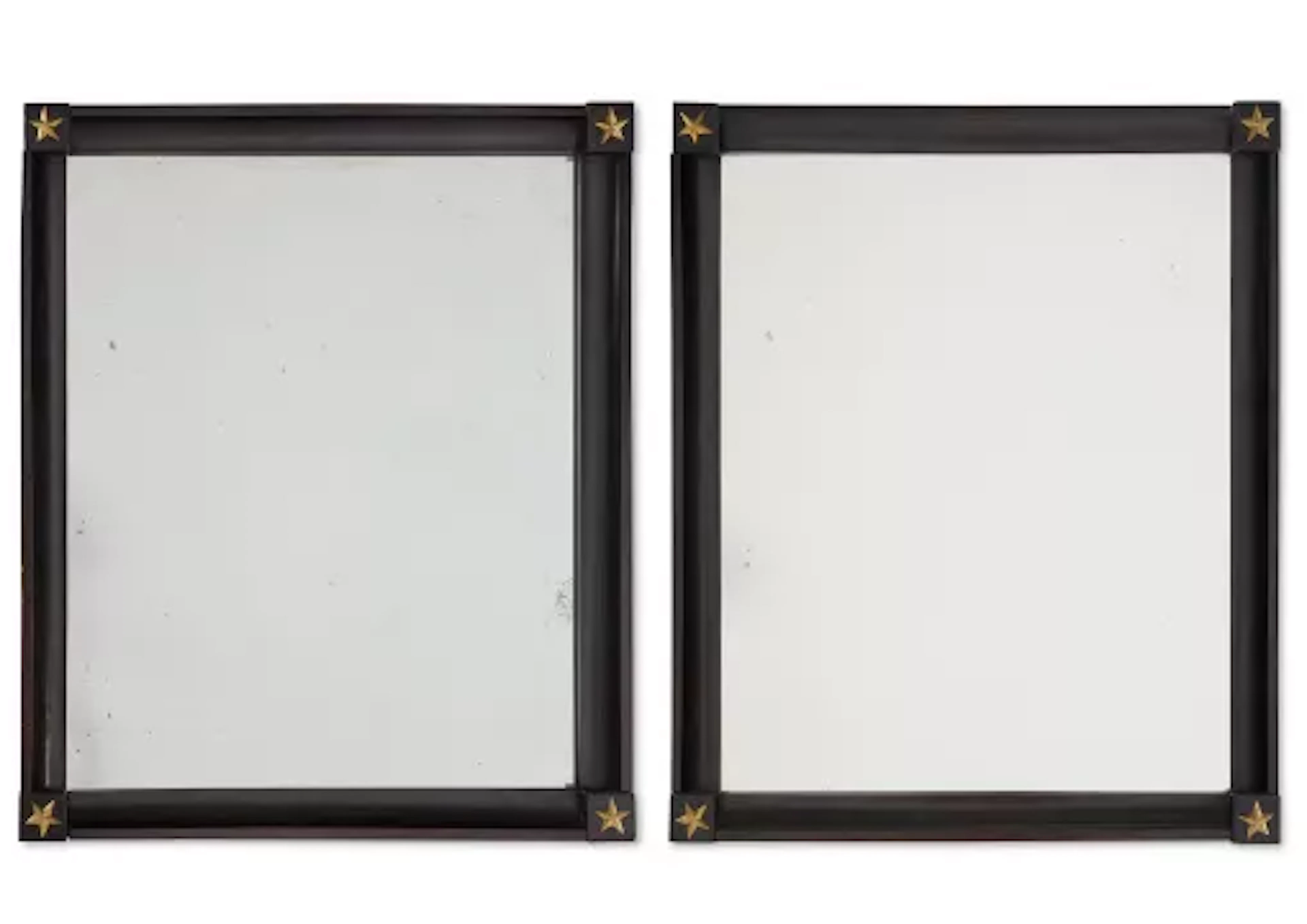 A PAIR OF BRASS MOUNTED EBONISED FRUITWOOD MIRRORS, LATE 19TH CENTURY
