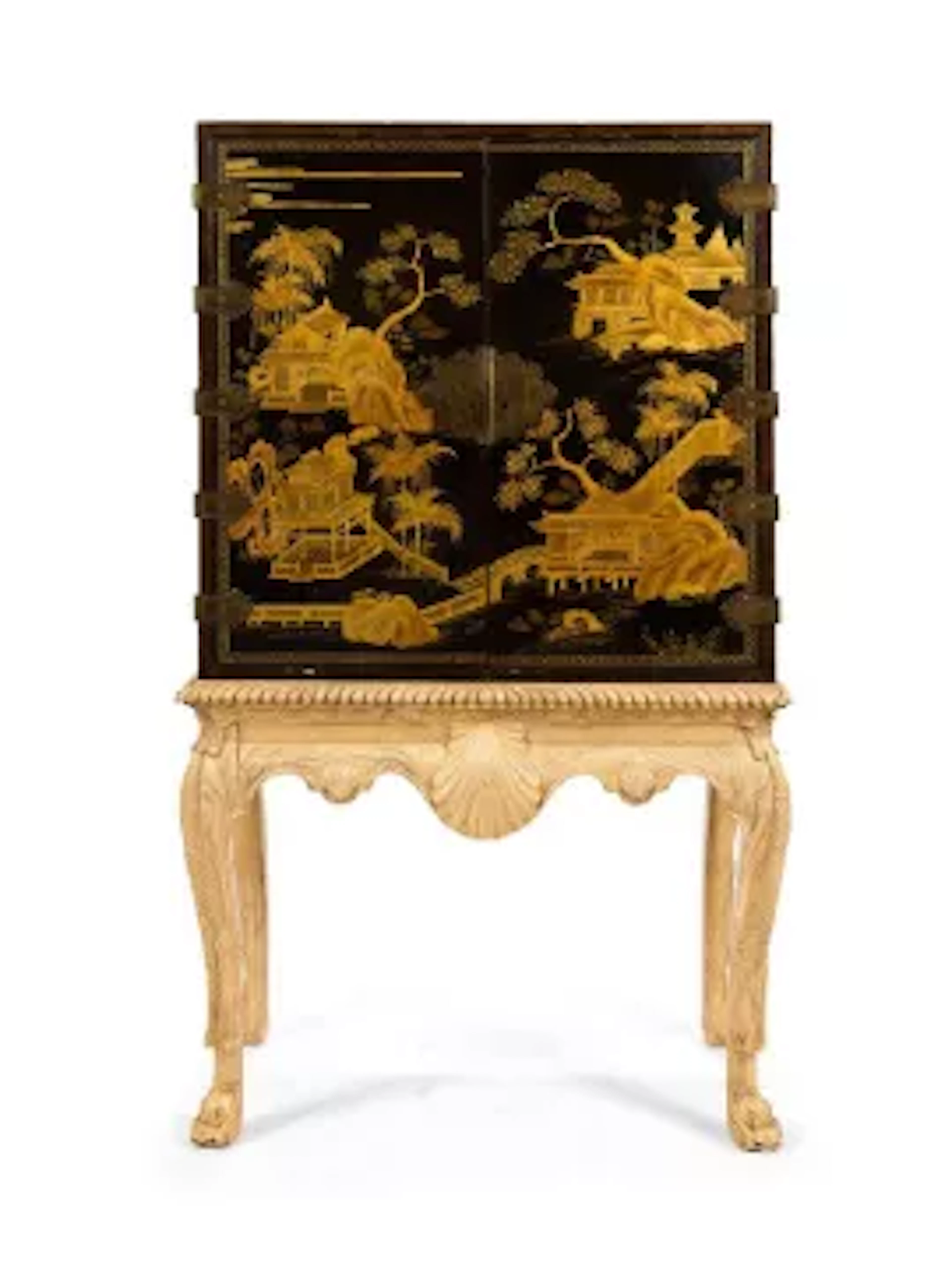 A CHINESE EXPORT BRASS-MOUNTED BLACK AND GILT-LACQUERED CABINET ON