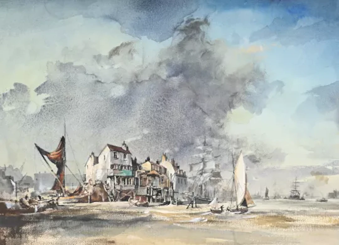λ ROWLAND HILDER (BRITISH 1905-1993), TALL SHIPS AND THAMES BARGE IN AN ESTUARY