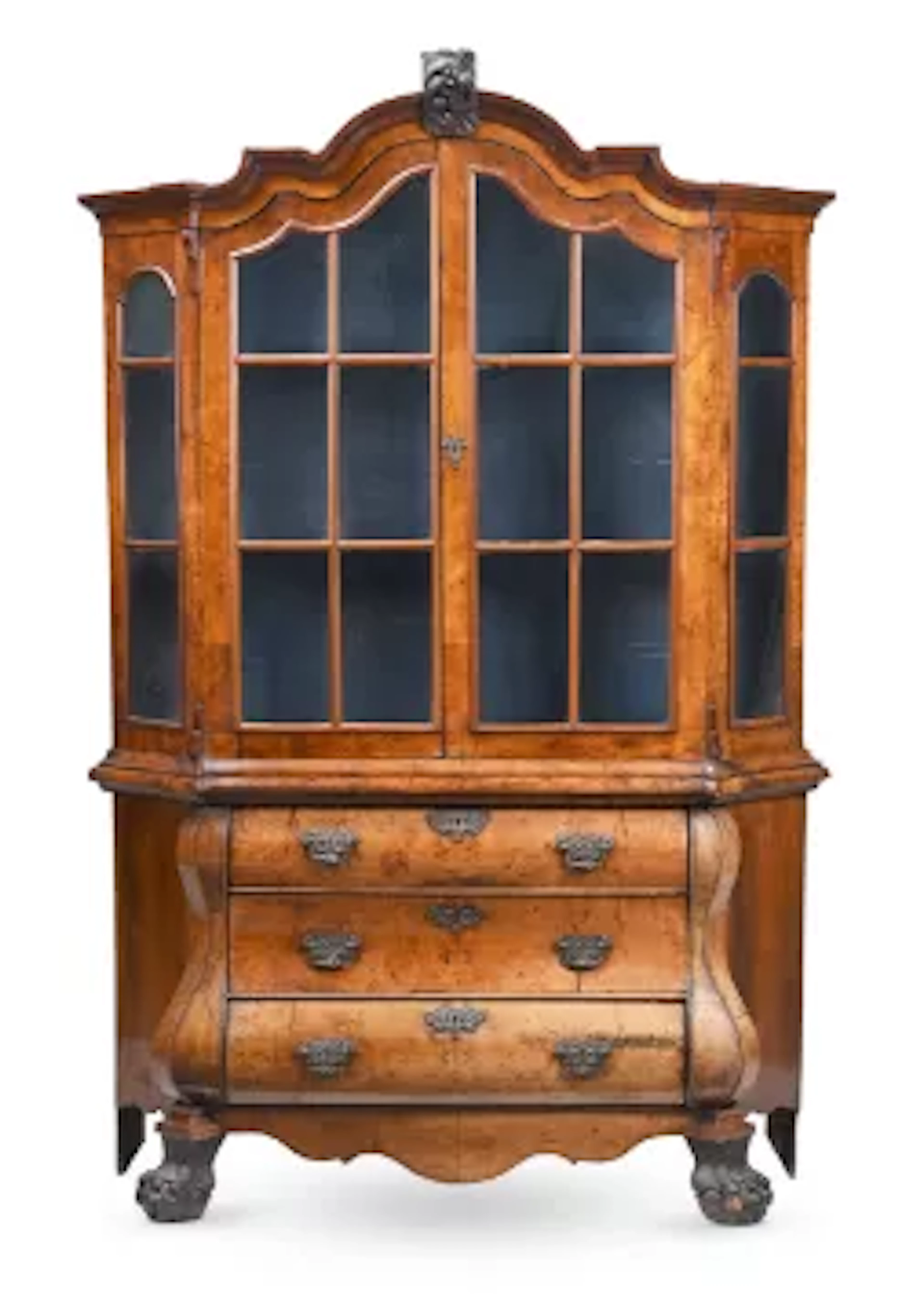 A WALNUT CANTED BOMBE FRONTED BOOKCASE OR DELFT CABINET, DUTCH, CIRCA 1800