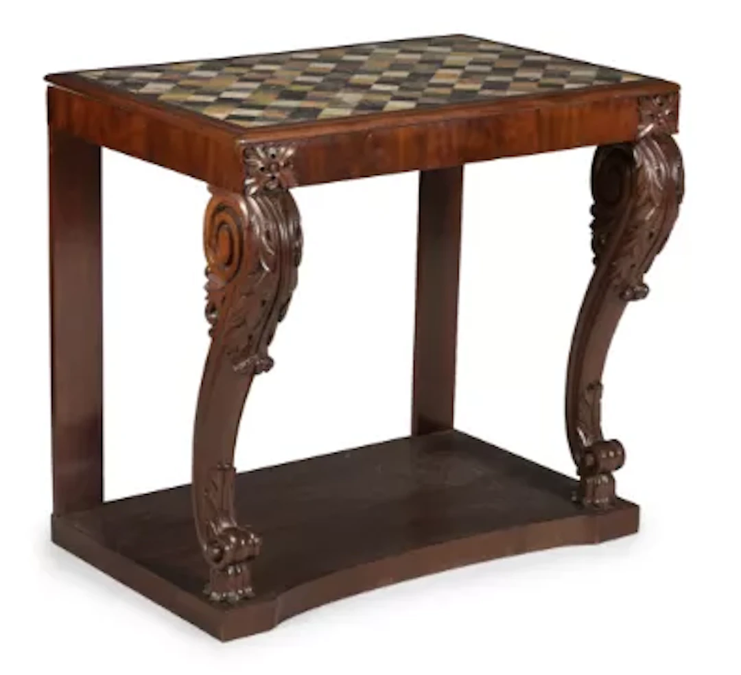 A MAHOGANY AND SPECIMEN MARBLE INSET CONSOLE OR HALL TABLE, SECOND
