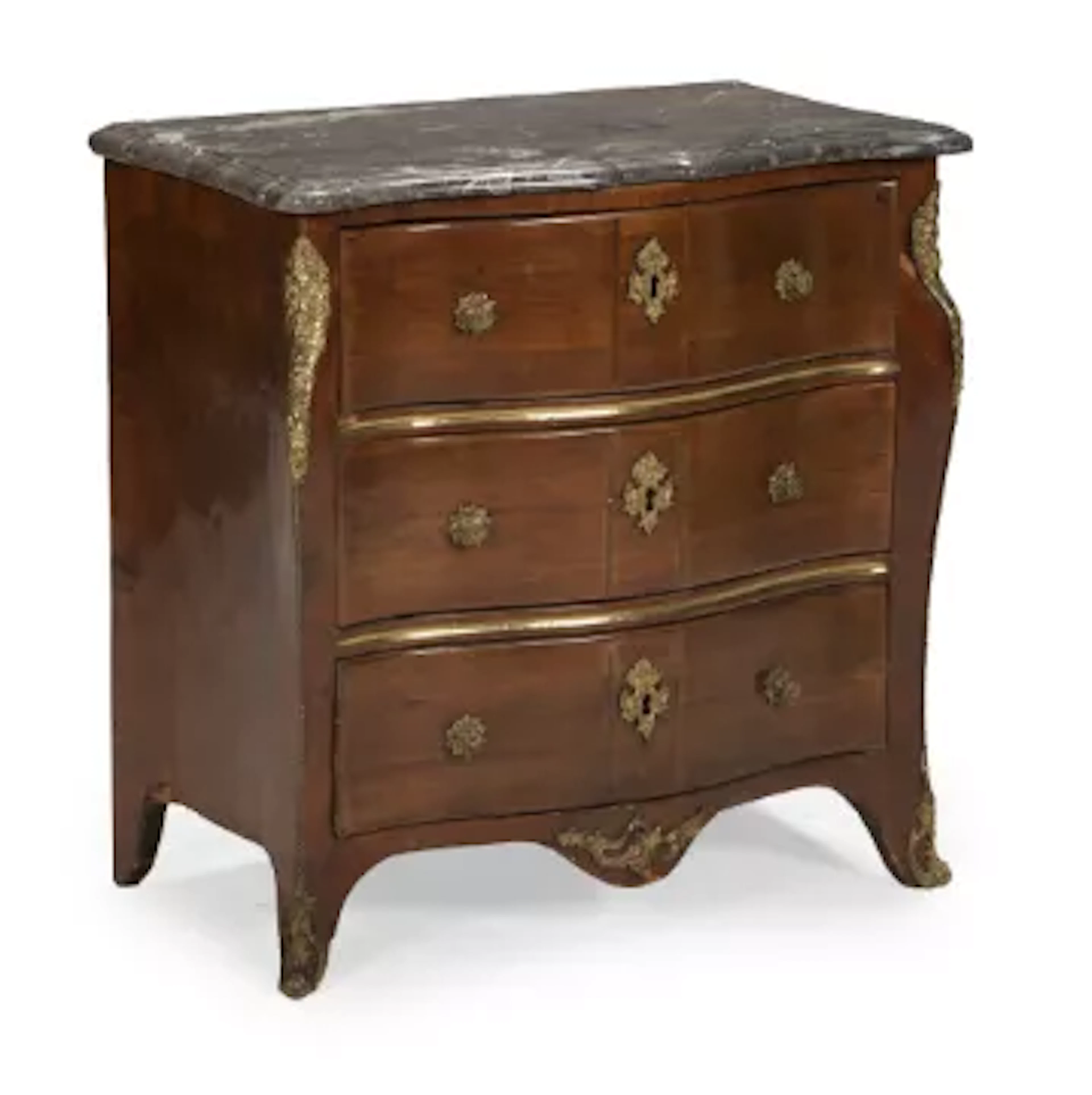 A LATE LOUIS XV ORMOLU MOUNTED AND MARBLE TOPPED WALNUT SERPENTINE