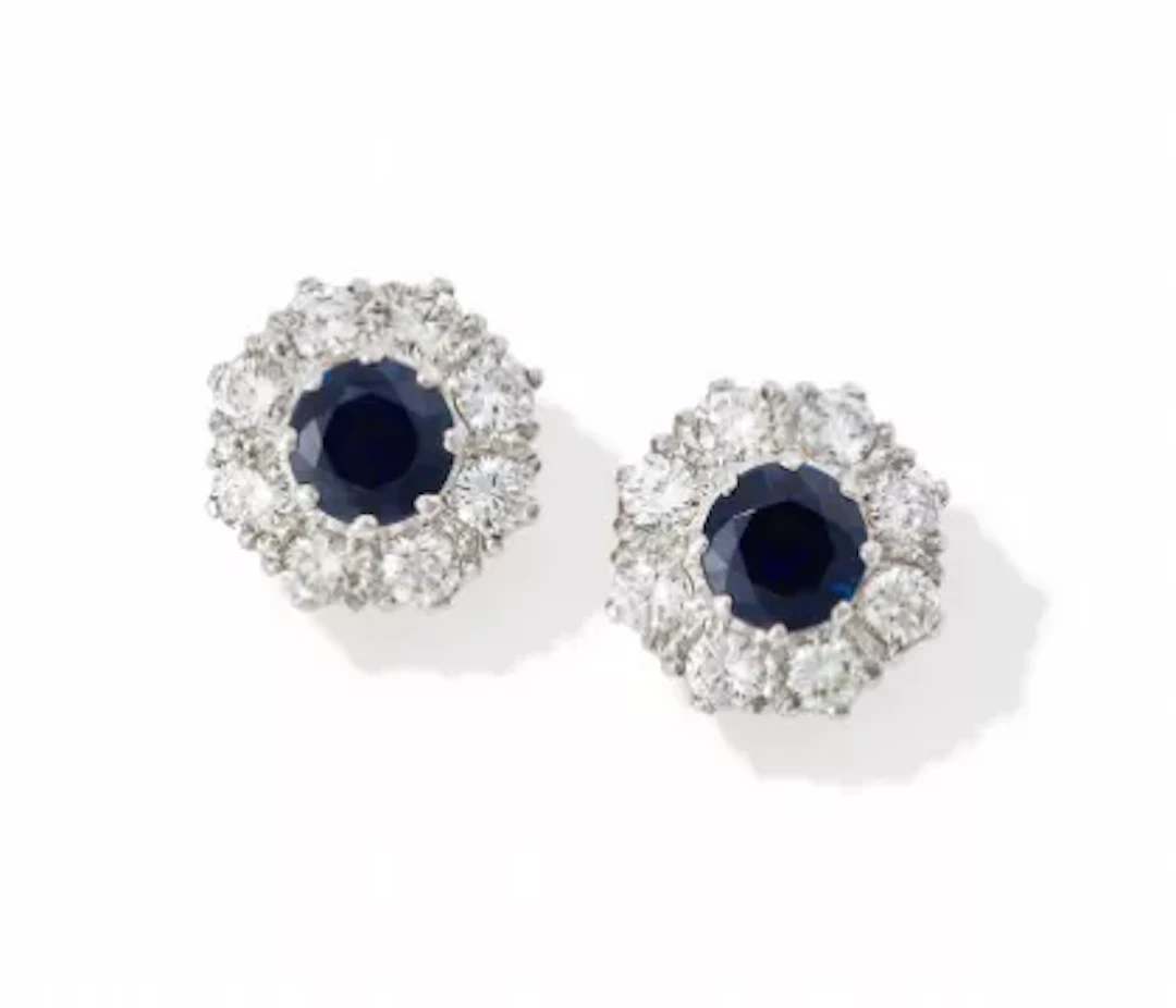 A PAIR OF SAPPHIRE AND DIAMOND CLUSTER EARRINGS