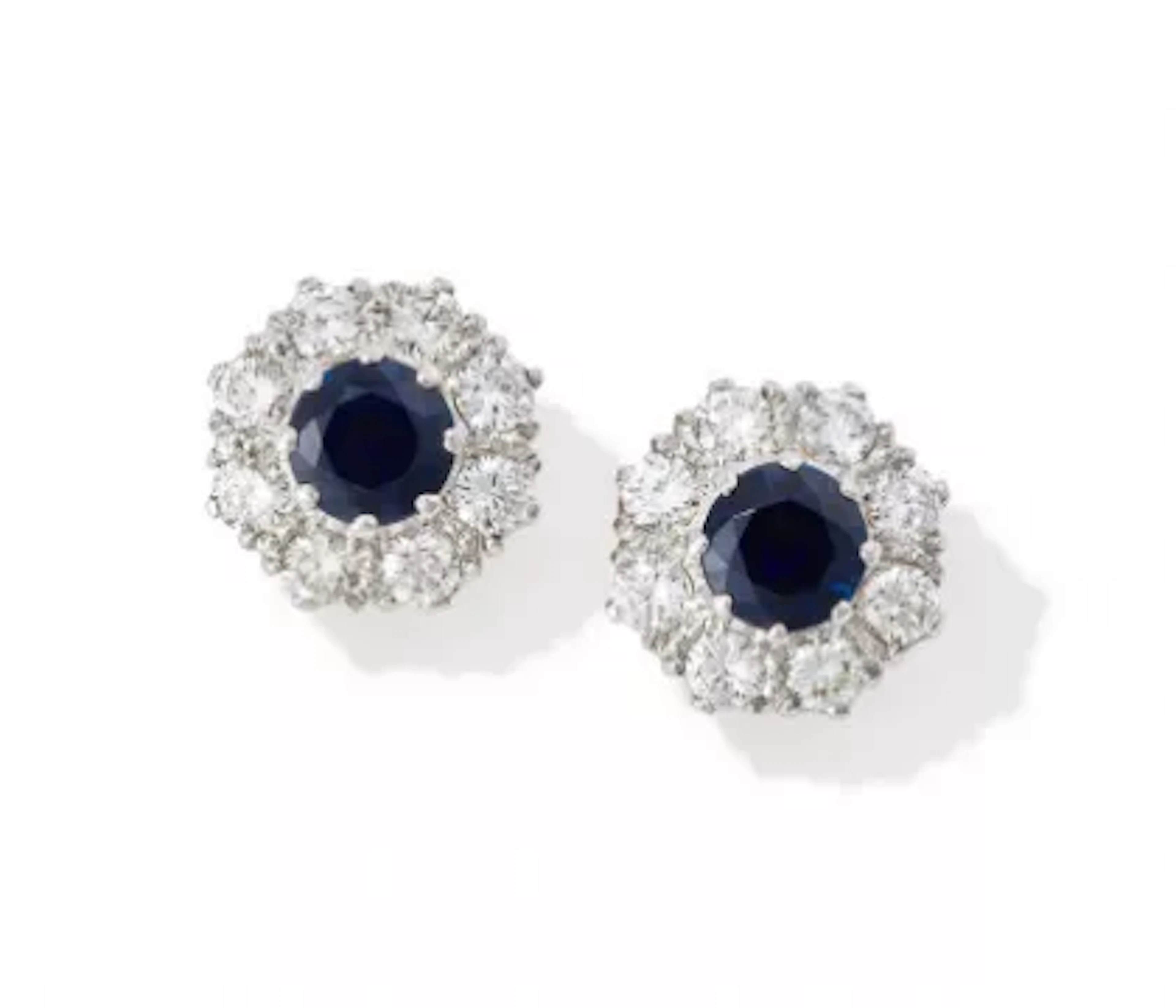 A PAIR OF SAPPHIRE AND DIAMOND CLUSTER EARRINGS